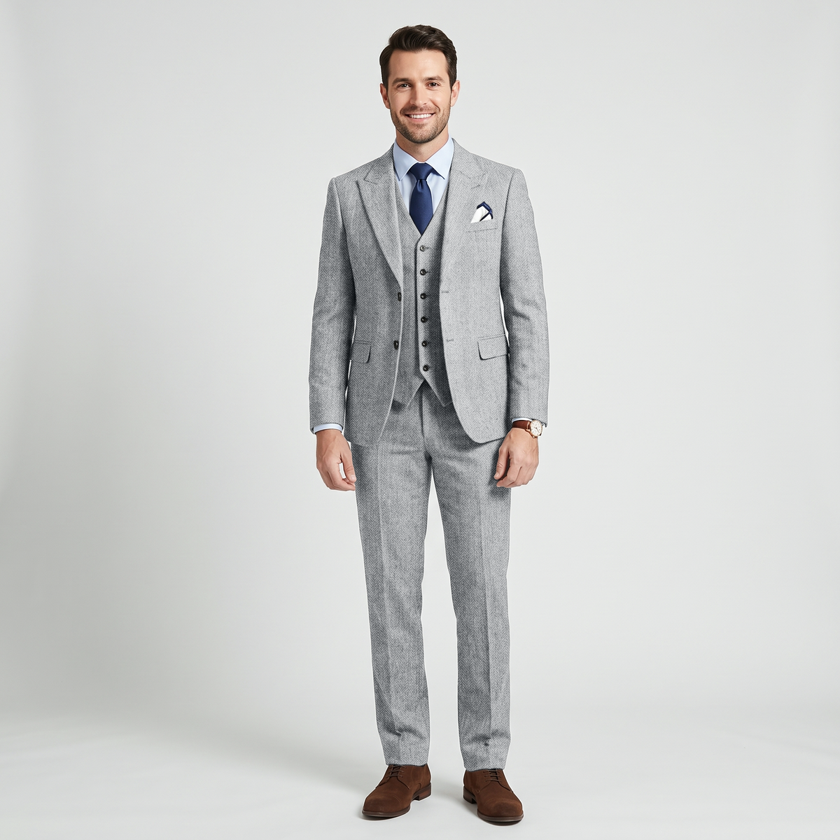Aesido 3 Pieces Business Herringbone Peak Lapel Men's Suit (Blazer+Vest+Pants)