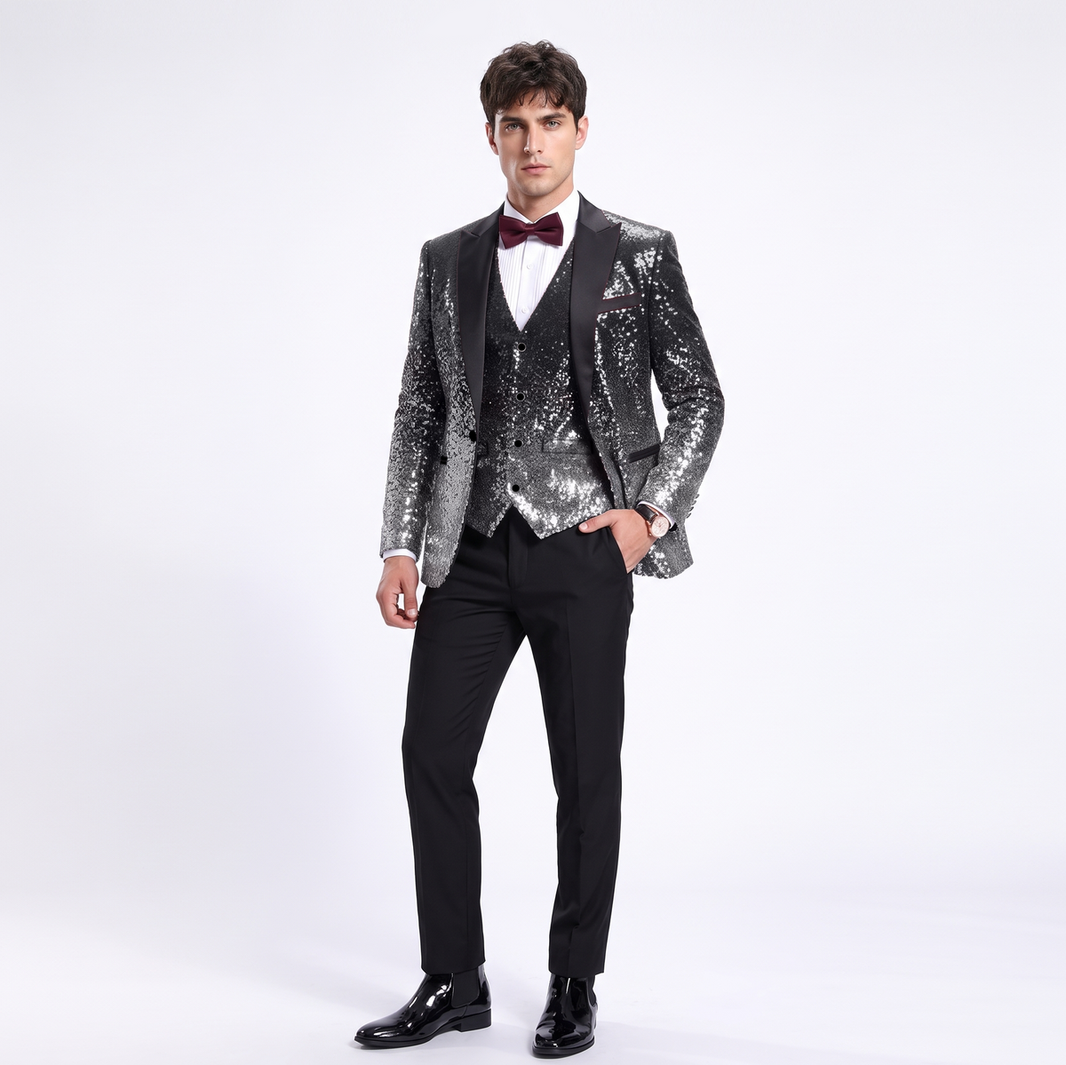 Aesido Men's Fashion Gradient Sequined Tuxedo Suit Peak Lapel Men's Suit (Blazer + Vest + Pants)