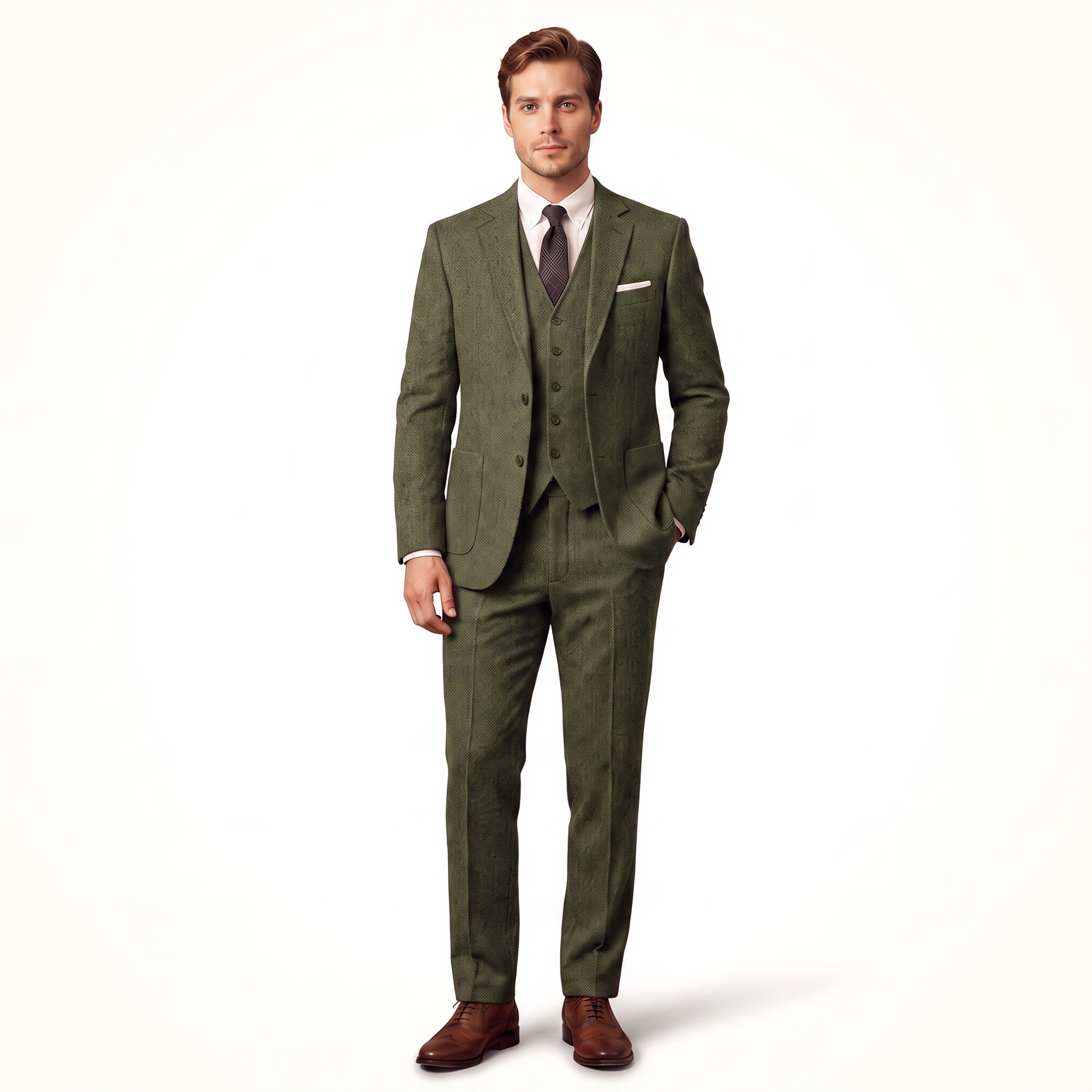 Aesido Double Buttons Casual Men's Suit 3 Pieces Classic Tweed Notch Lapel Tuxedos (Blazer+vest+Pants)