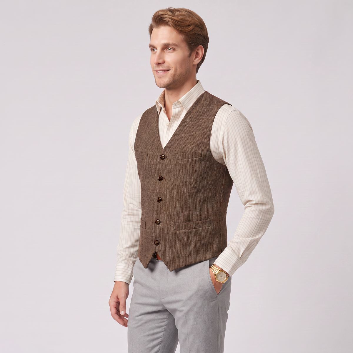 Aesido Casual Single Breasted V Neck Herringbone Men's Vest