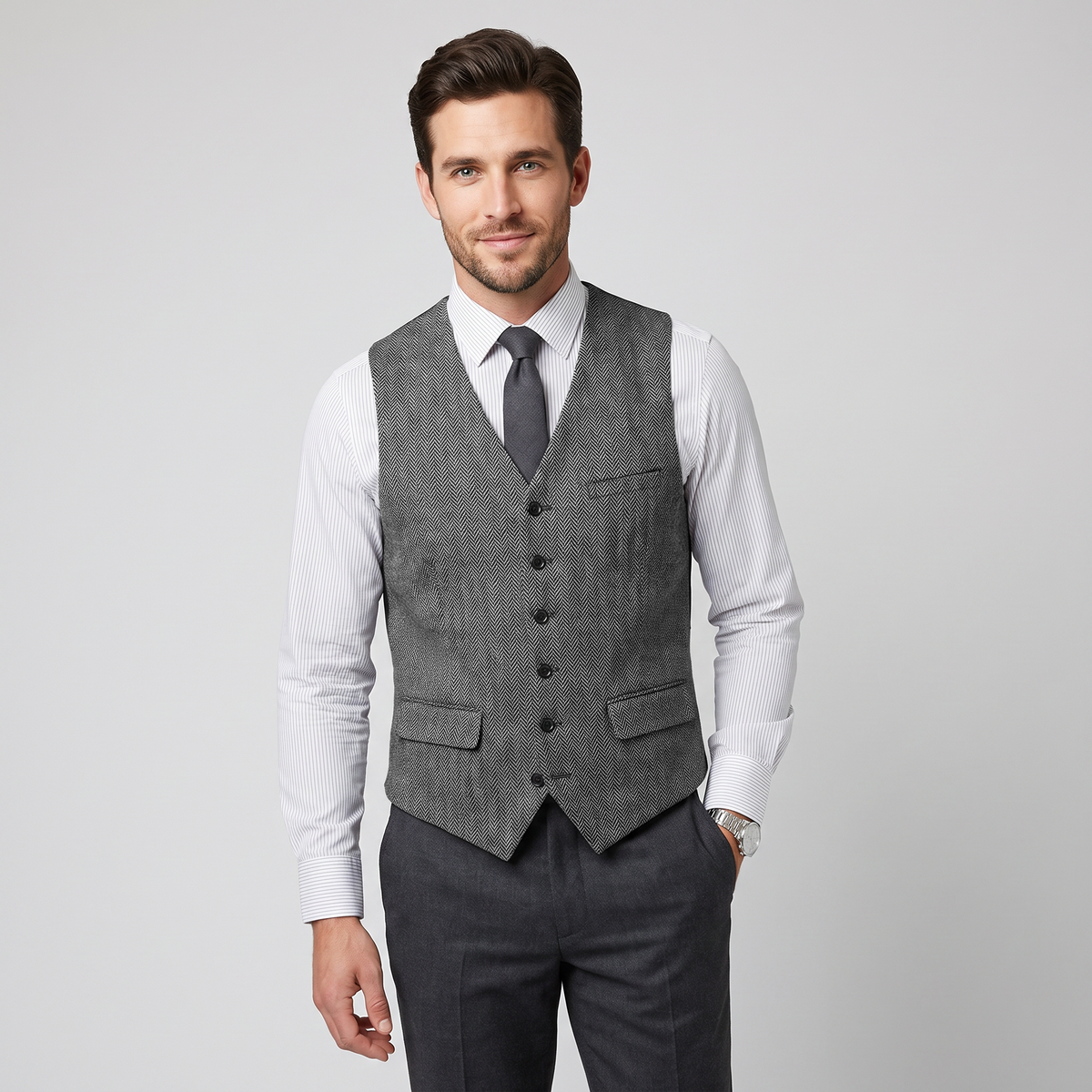 Aesido Men's Single Breasted V Neck Herringbone Waistcoat
