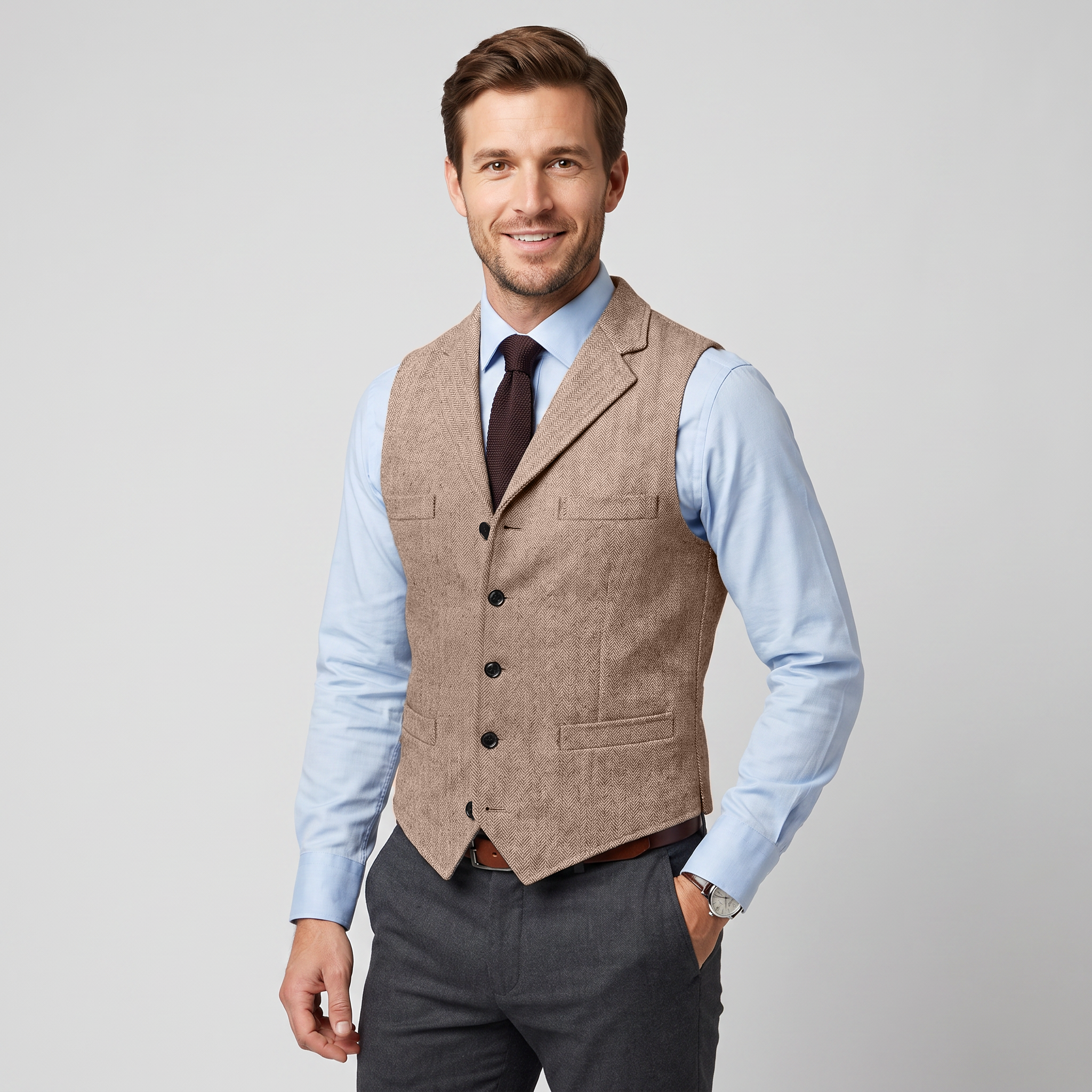 Aesido Business Men's Herringbone Notch Lapel Waistcoat