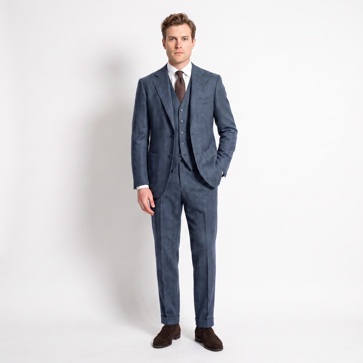 Aesido 3 Pieces Men's Suit Herringbone Notch Lapel Suits (Blazer+Vest+Pants)
