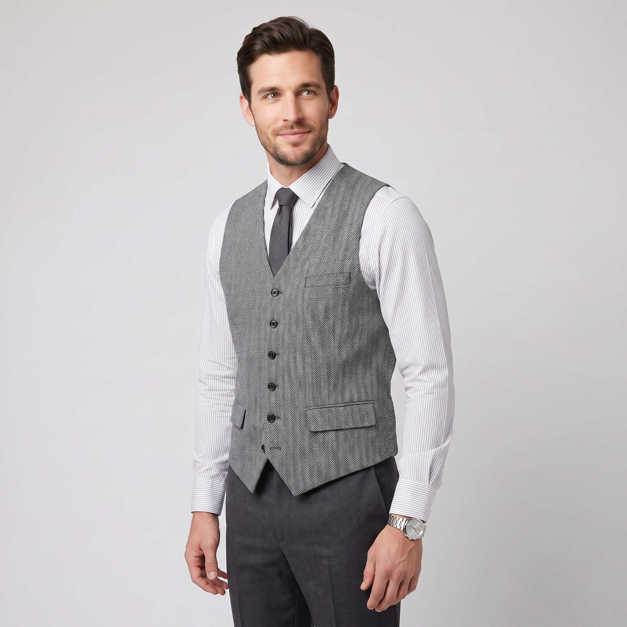 Aesido Men's Single Breasted V Neck Herringbone Waistcoat