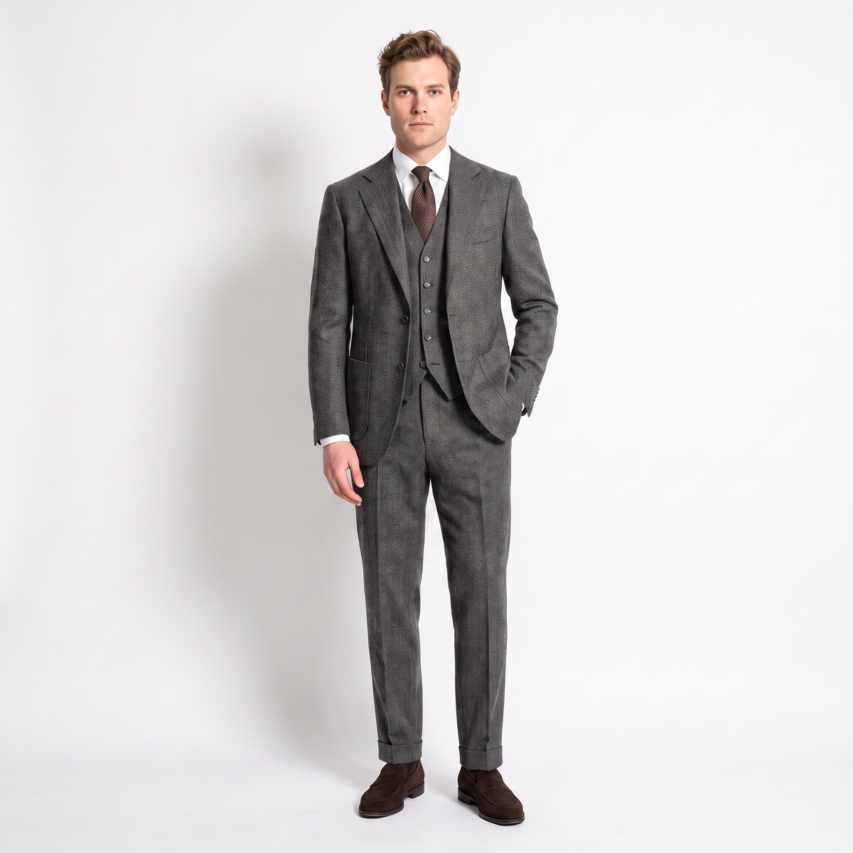 Aesido 3 Pieces Men's Suit Herringbone Notch Lapel Suits (Blazer+Vest+Pants)