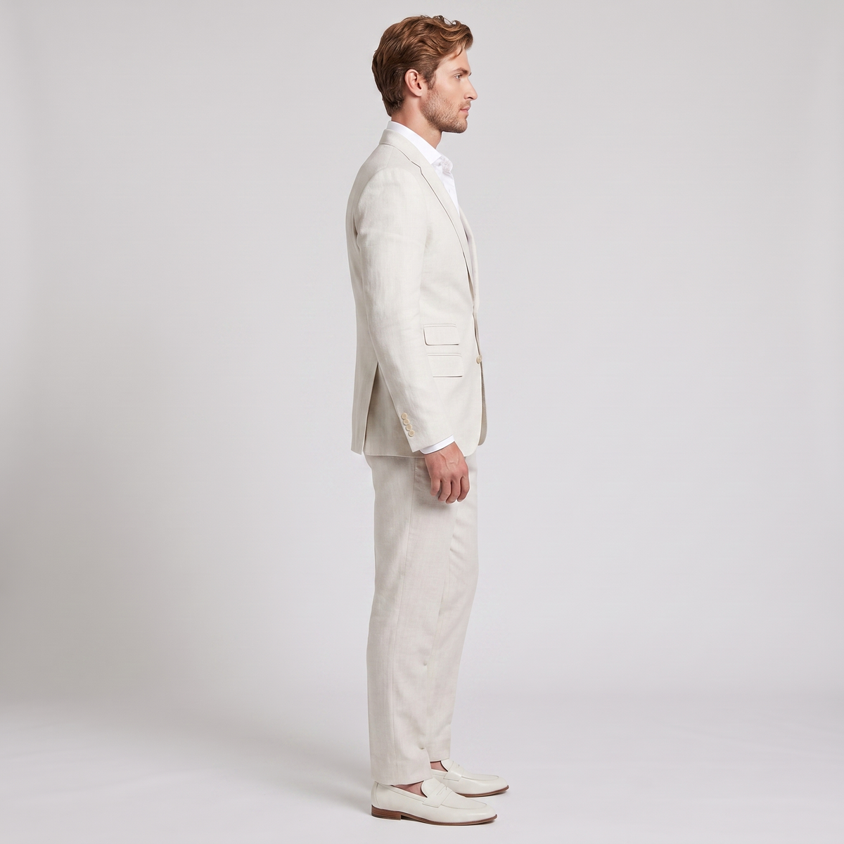 Aesido Ivory 2 Pieces Linen Casual Double Buttons Notch Lapel Men's Suits (Blazer+Pants)