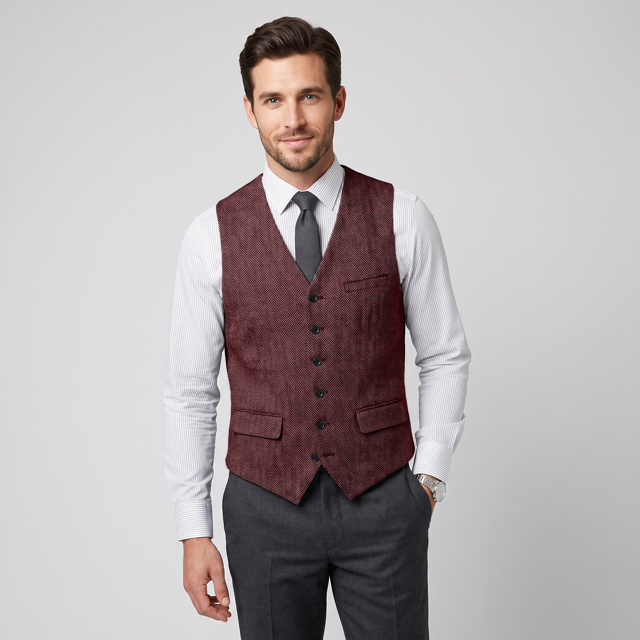 Aesido Men's Single Breasted V Neck Herringbone Waistcoat