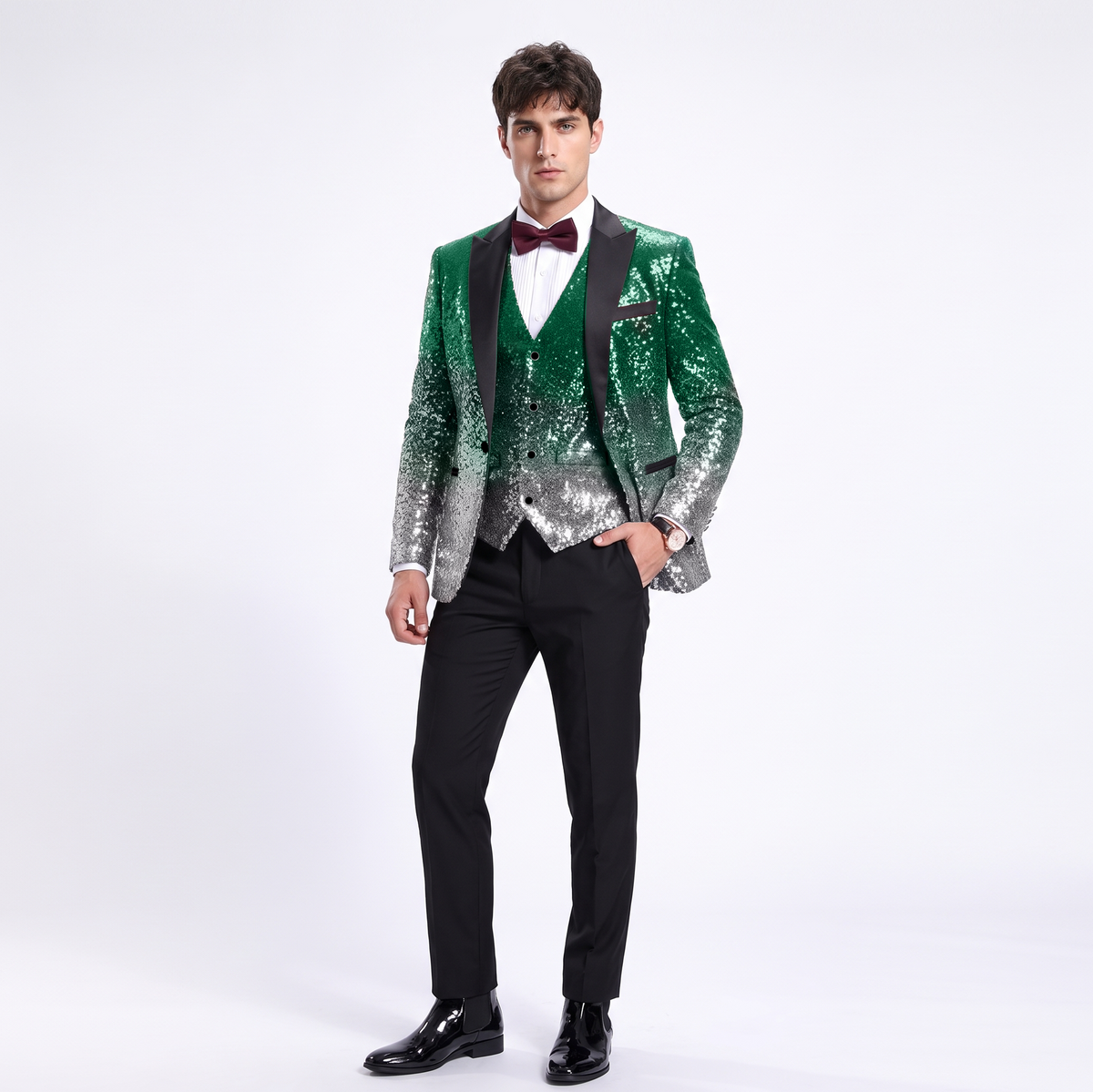 Aesido Men's Fashion Gradient Sequined Tuxedo Suit Peak Lapel Men's Suit (Blazer + Vest + Pants)