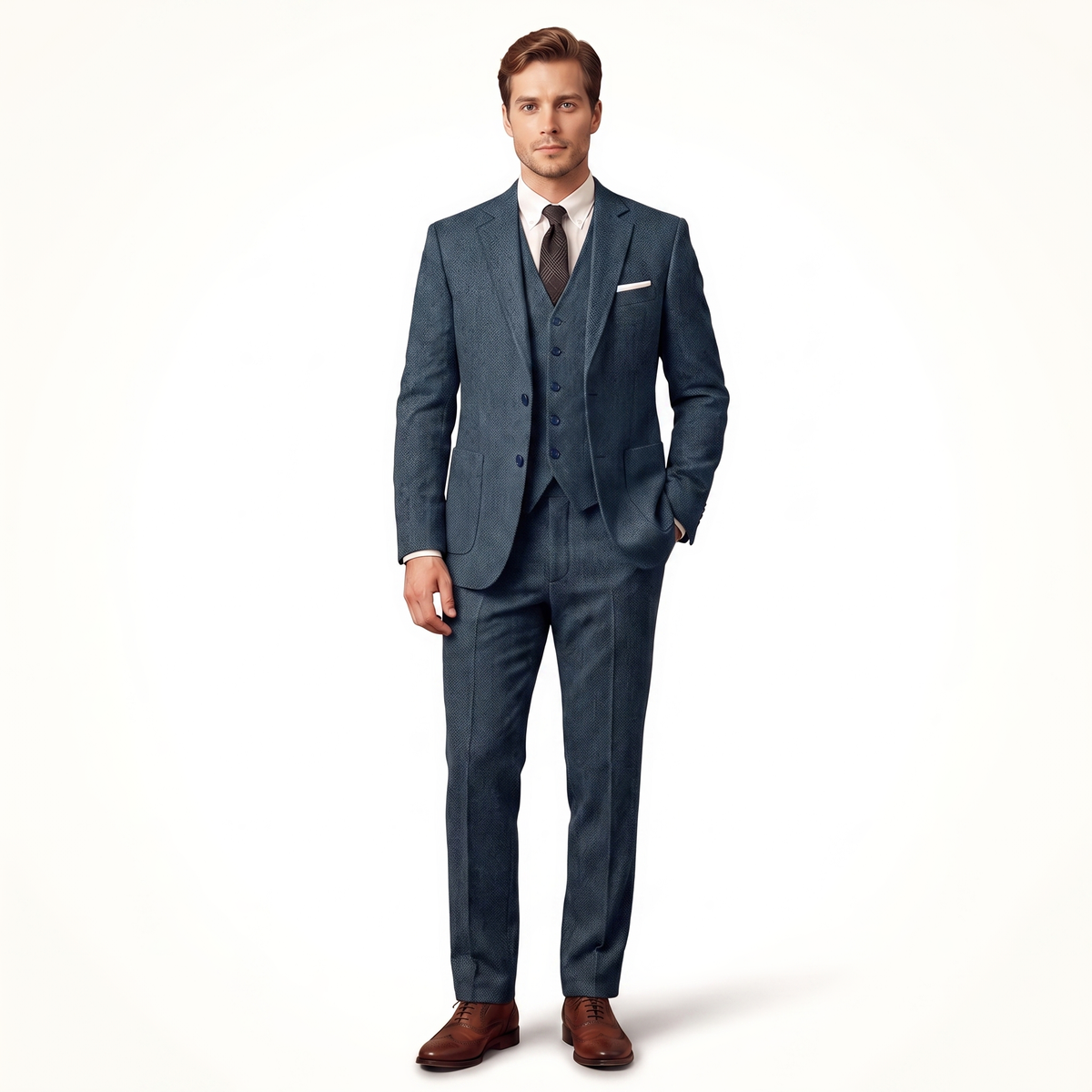 Aesido Double Buttons Casual Men's Suit 3 Pieces Classic Tweed Notch Lapel Tuxedos (Blazer+vest+Pants)