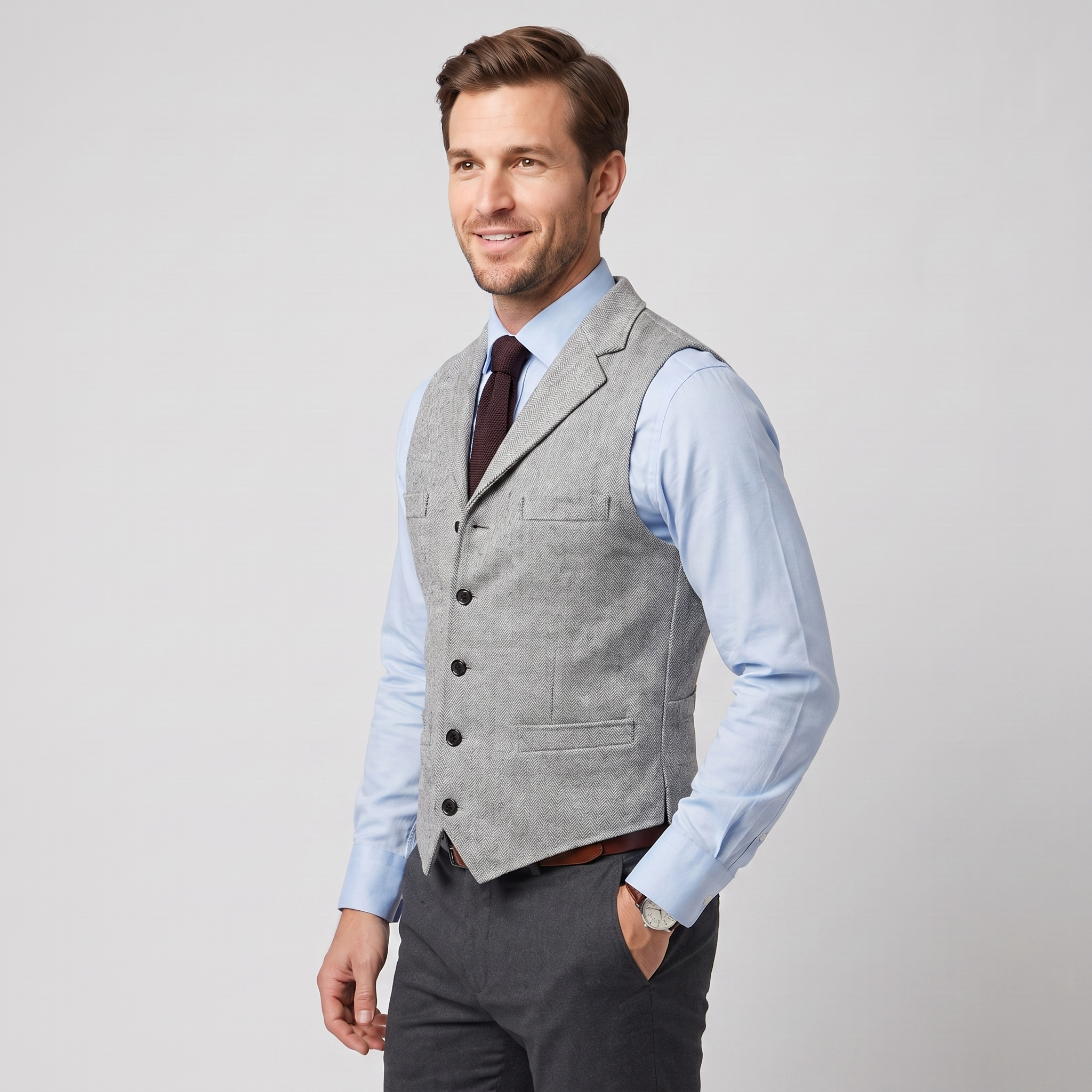 Aesido Business Men's Herringbone Notch Lapel Waistcoat