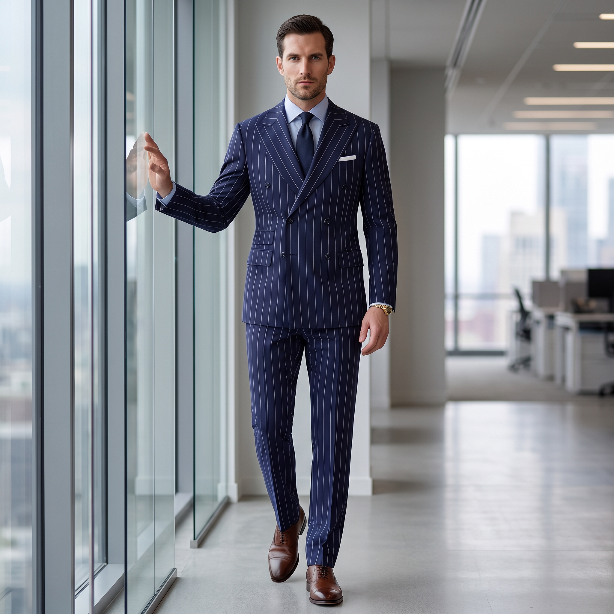 Aesido 2 Pieces Navy Striped Double Breasted Business Slim Peak Lapel Men's Suits  (Blazer+Pants)