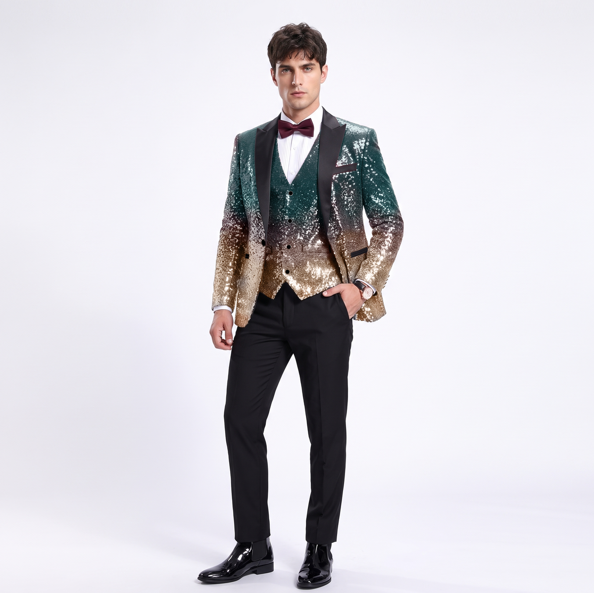 Aesido Men's Fashion Gradient Sequined Tuxedo Suit Peak Lapel Men's Suit (Blazer + Vest + Pants)