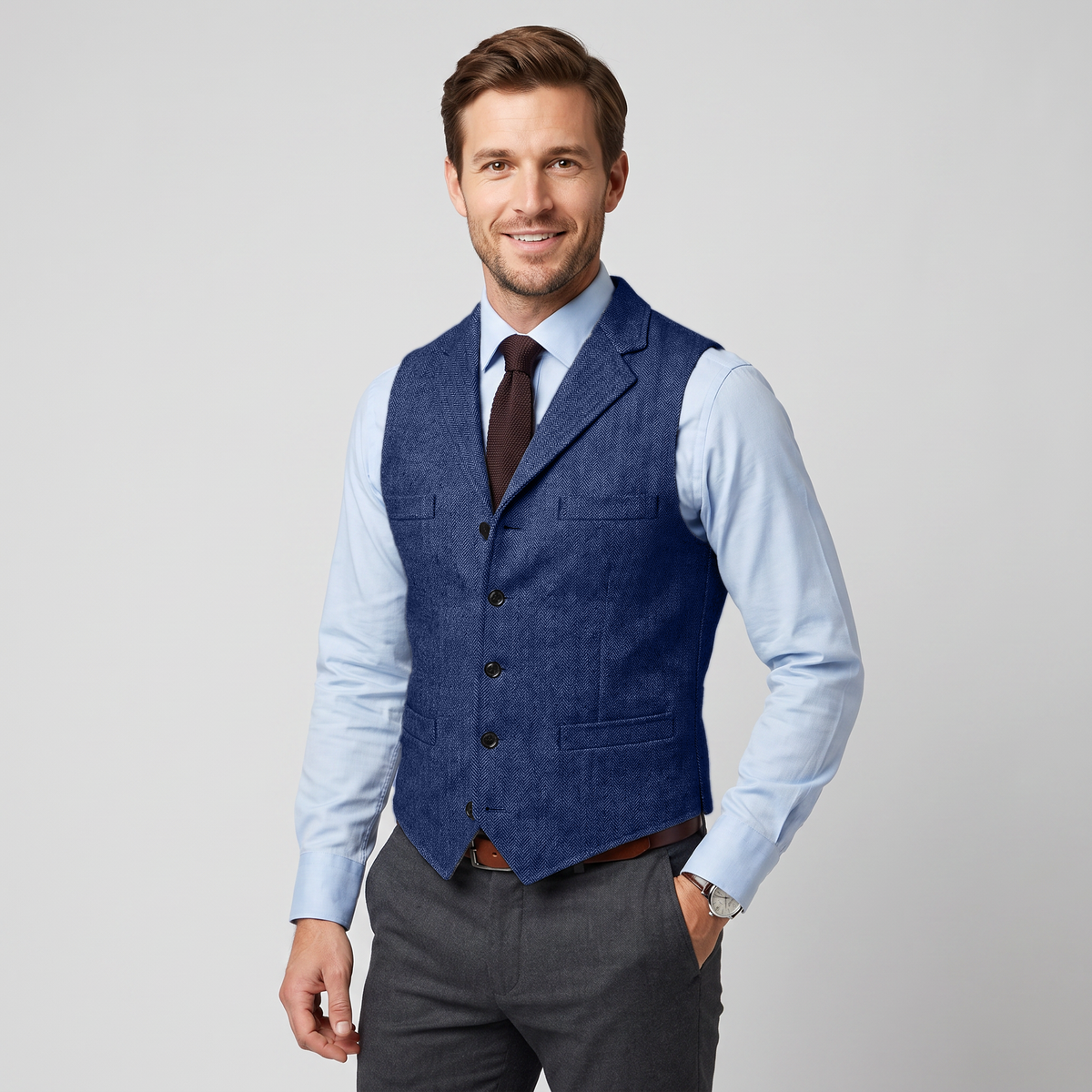 Aesido Business Men's Herringbone Notch Lapel Waistcoat