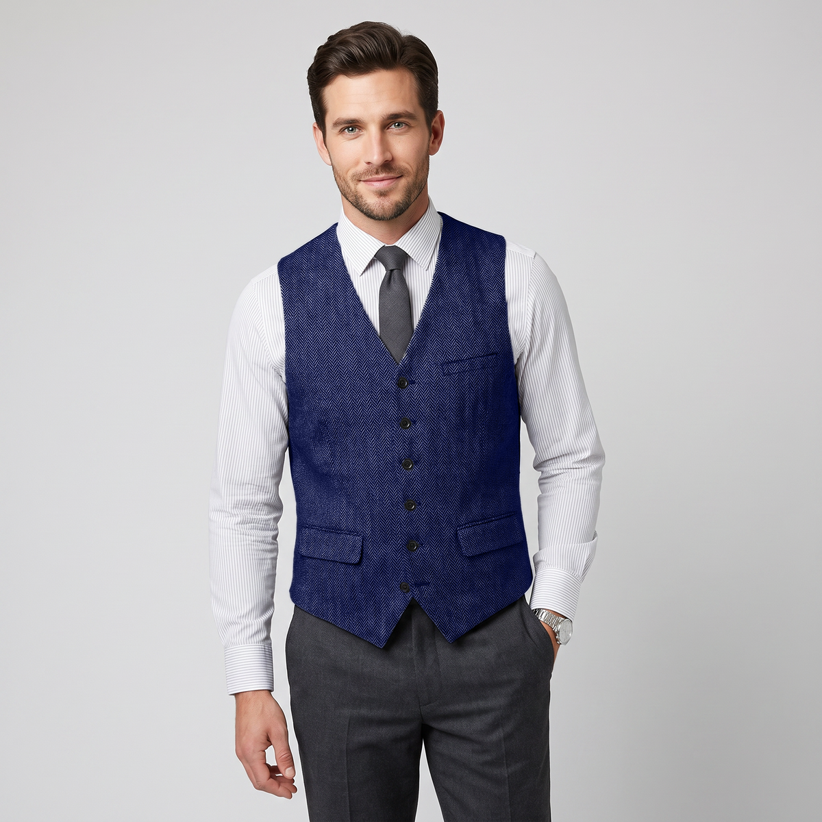 Aesido Men's Single Breasted V Neck Herringbone Waistcoat