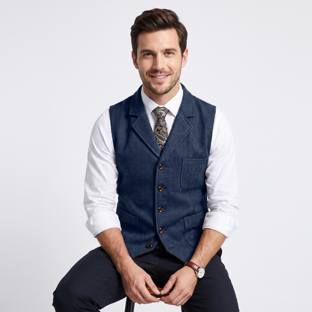 Aesido Formal Men's Vest Herringbone Notch Lapel Waistcoat