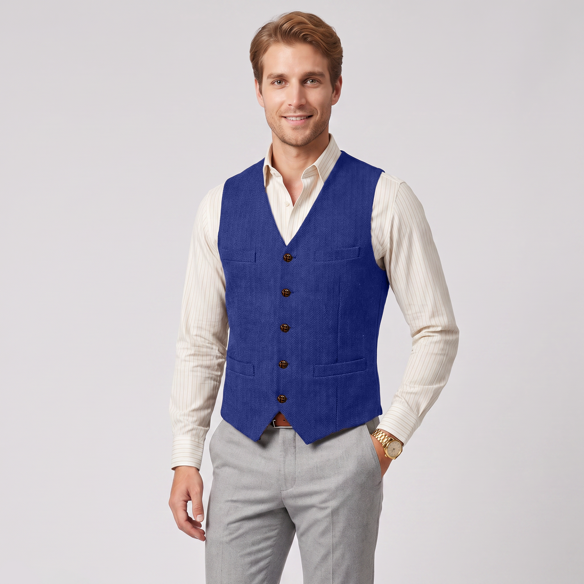 Aesido Casual Single Breasted V Neck Herringbone Men's Vest
