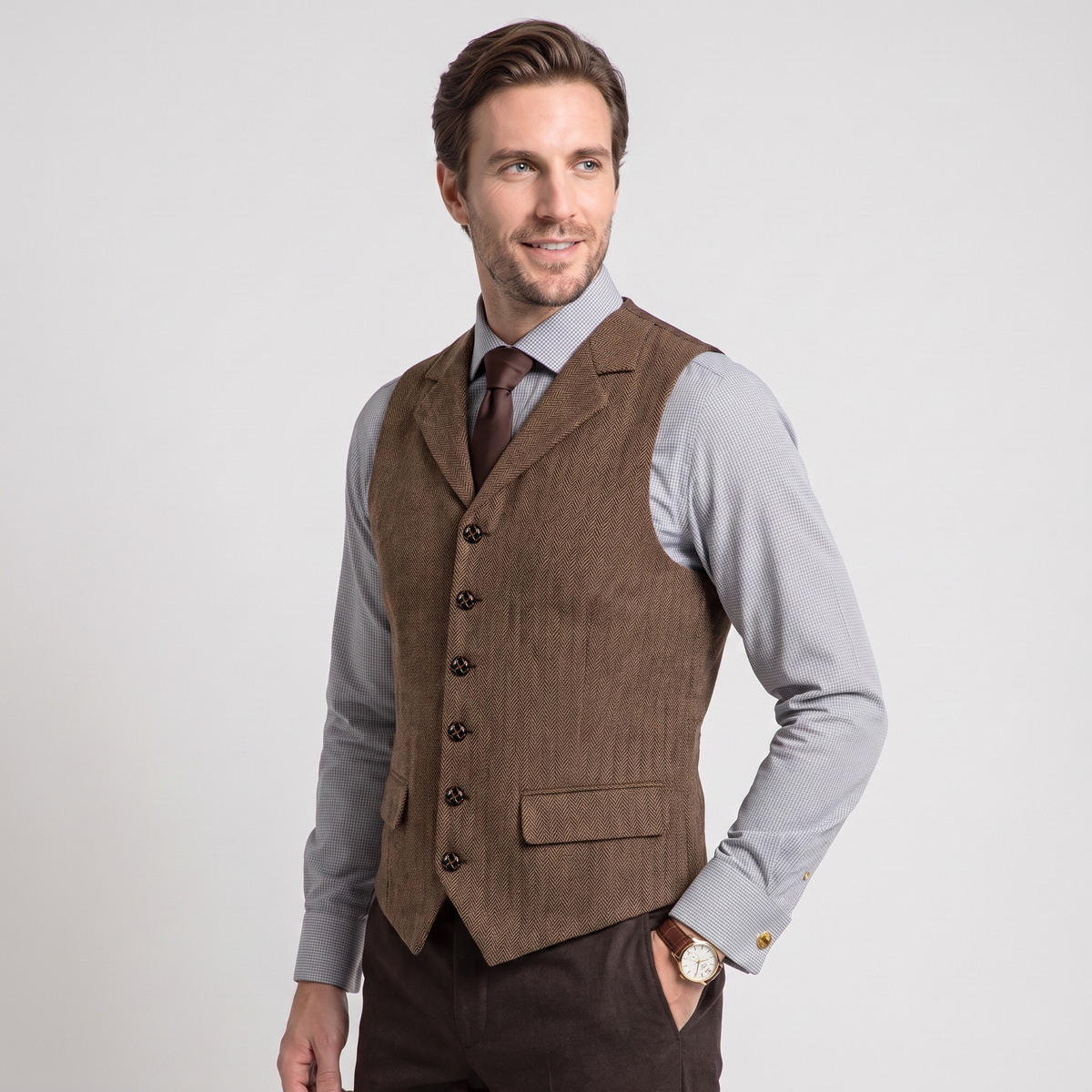 Aesido Men's Business Herringbone Notch Lapel Waistcoat