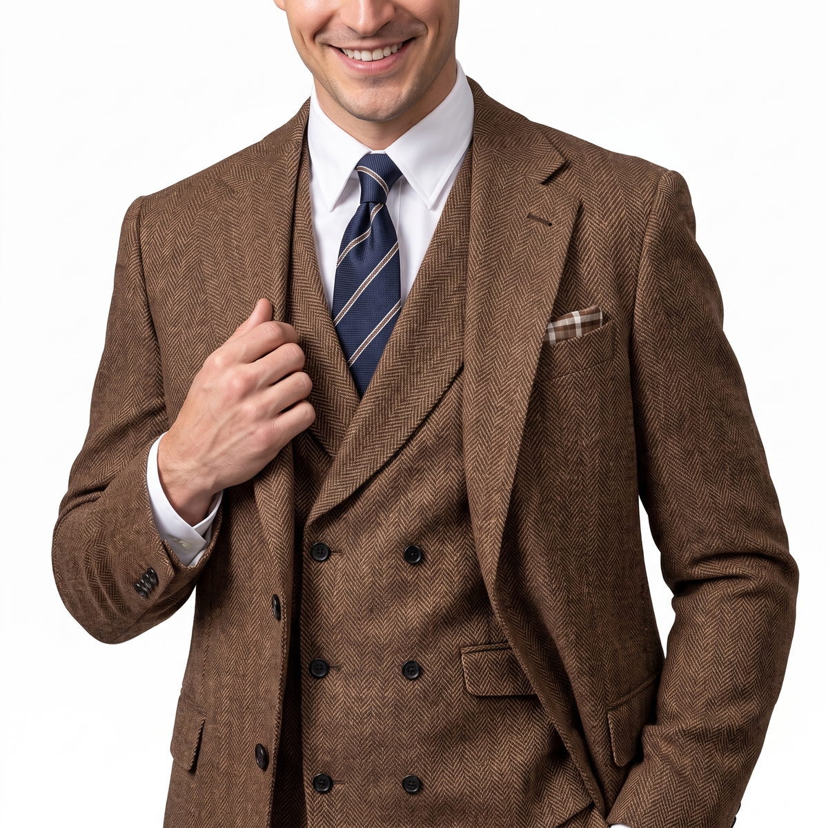 Aesido Men's Suit 3 Pieces Herringbone Notch Lapel Suit（Blazer+Vest+Pants）