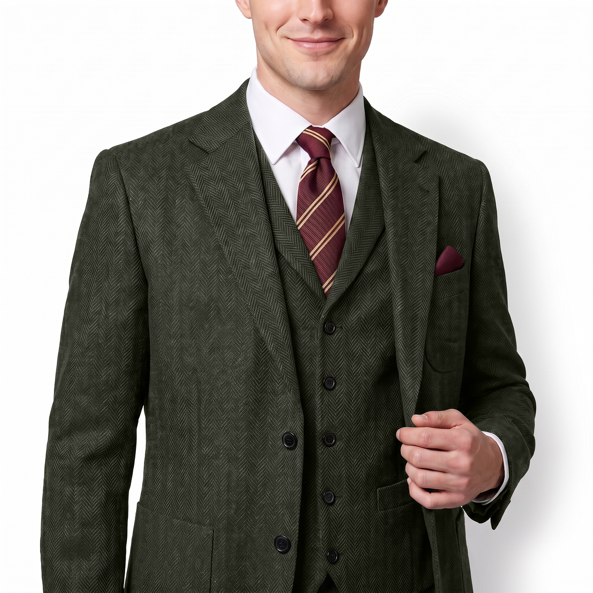 Aesido 3 Pieces Herringbone Notch Lapel Men's Suit (Blazer+Vest+Pants)