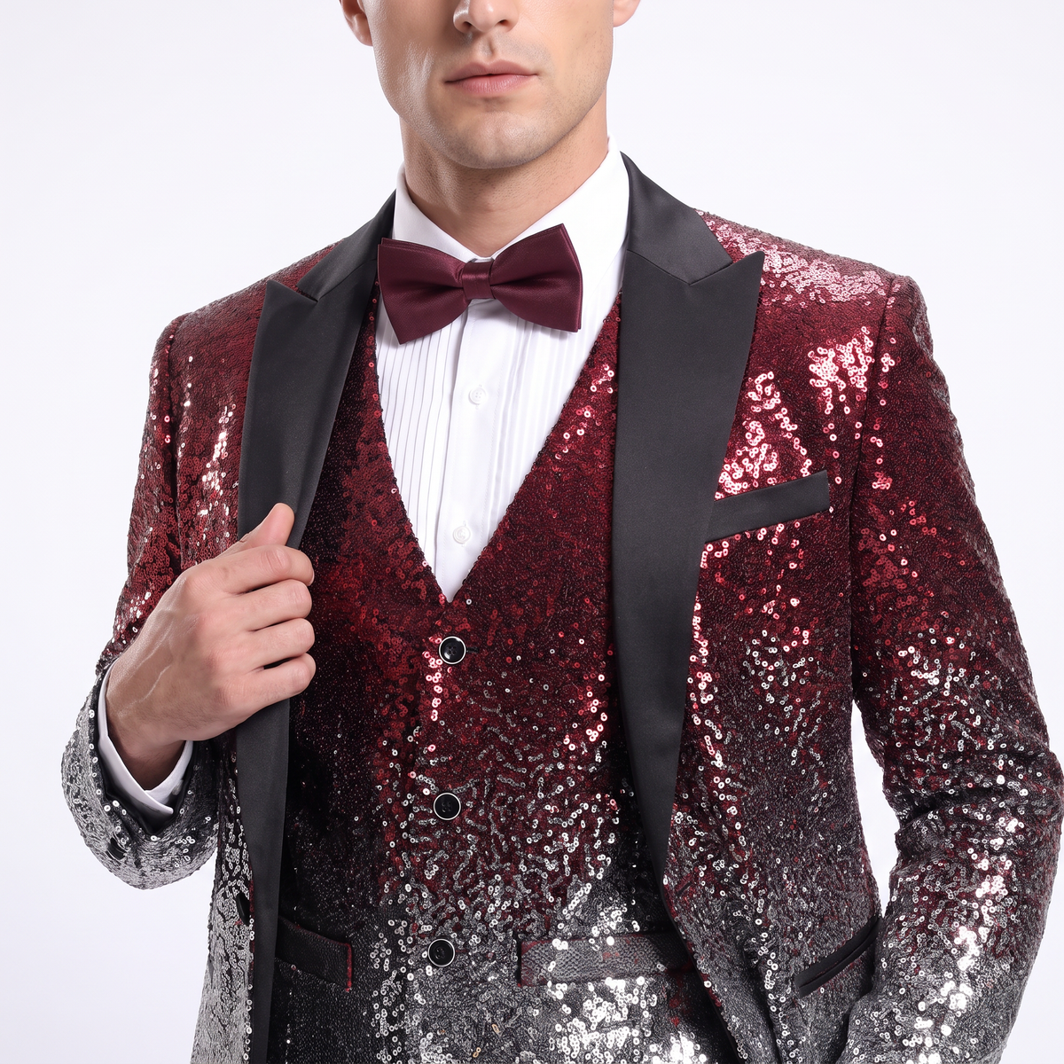Aesido Men's Fashion Gradient Sequined Tuxedo Suit Peak Lapel Men's Suit (Blazer + Vest + Pants)
