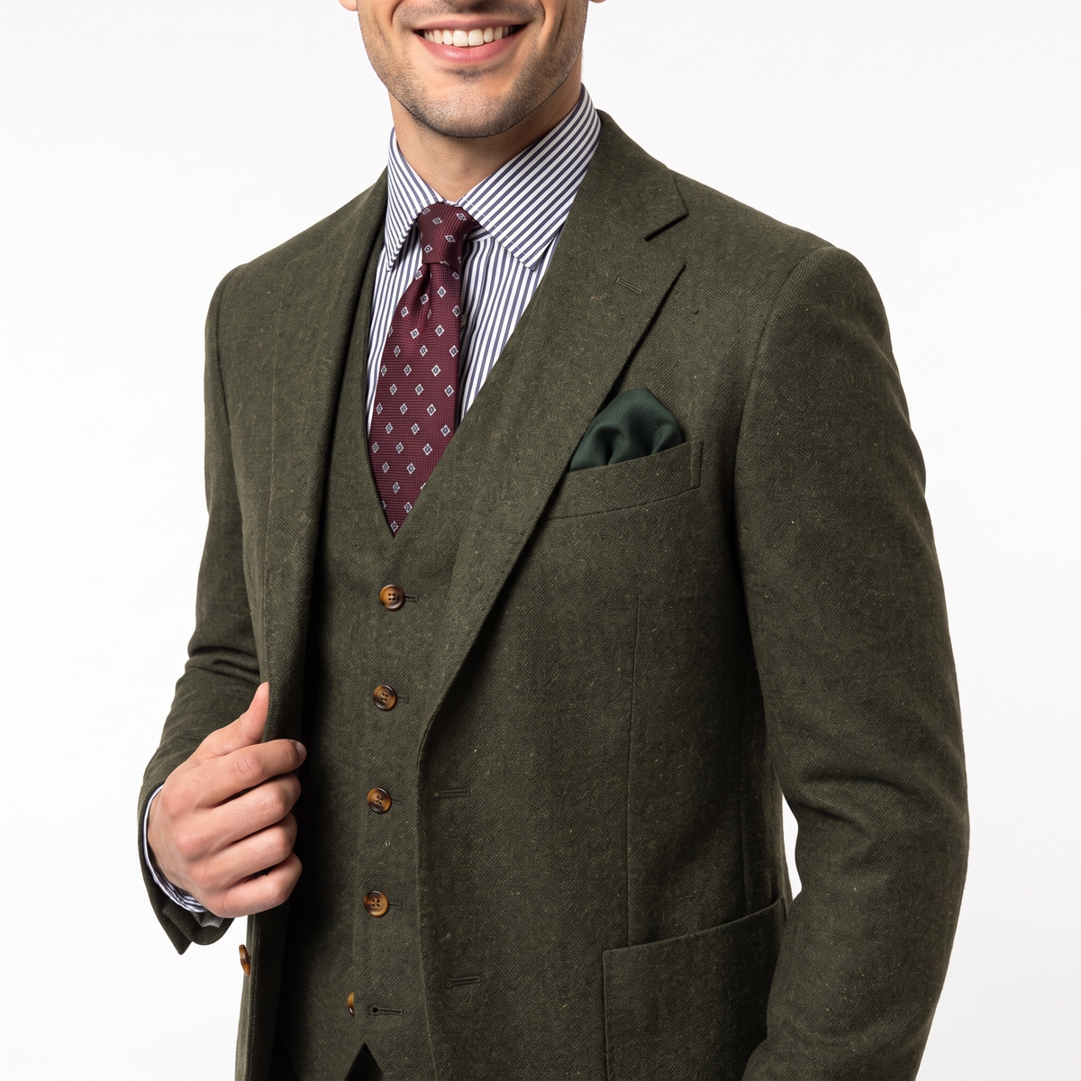 Aesido 3 Pieces Notch Lapel Tweed Men's Suit (Blazer+Vest+Pants)