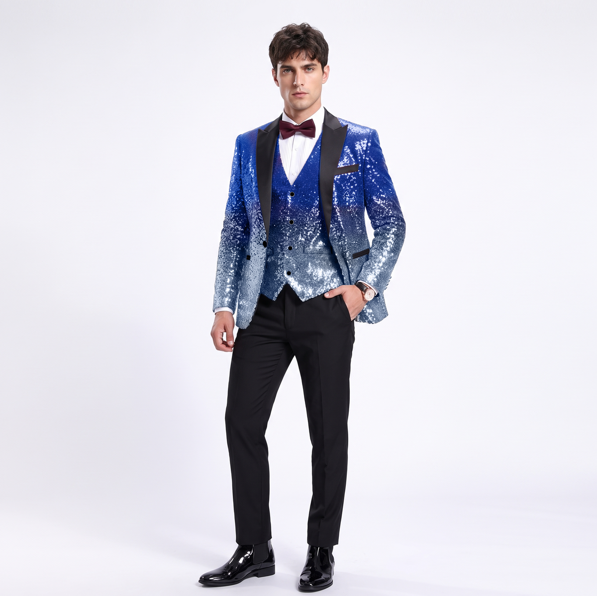 Aesido Men's Fashion Gradient Sequined Tuxedo Suit Peak Lapel Men's Suit (Blazer + Vest + Pants)