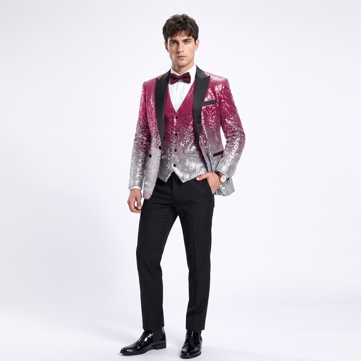 Aesido Men's Fashion Gradient Sequined Tuxedo Suit Peak Lapel Men's Suit (Blazer + Vest + Pants)