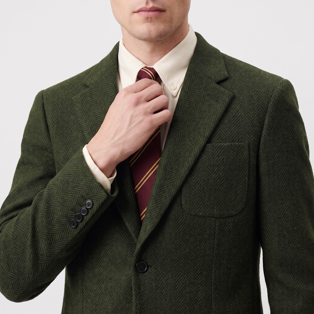 Aesido 2 Piece Double Button Notch Lapel Herringbone Tweed Men's Suit (Blazer+Pants)