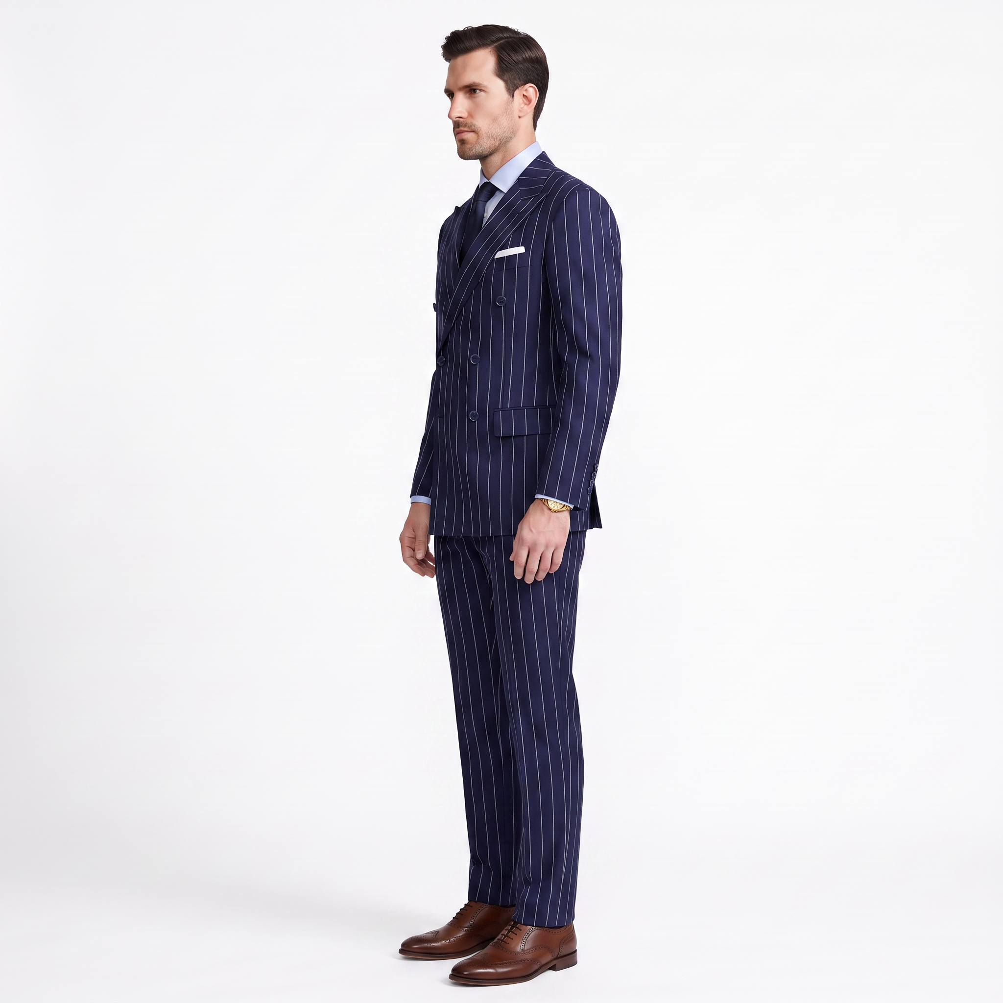 Aesido 2 Pieces Navy Striped Double Breasted Business Slim Peak Lapel Men's Suits  (Blazer+Pants)