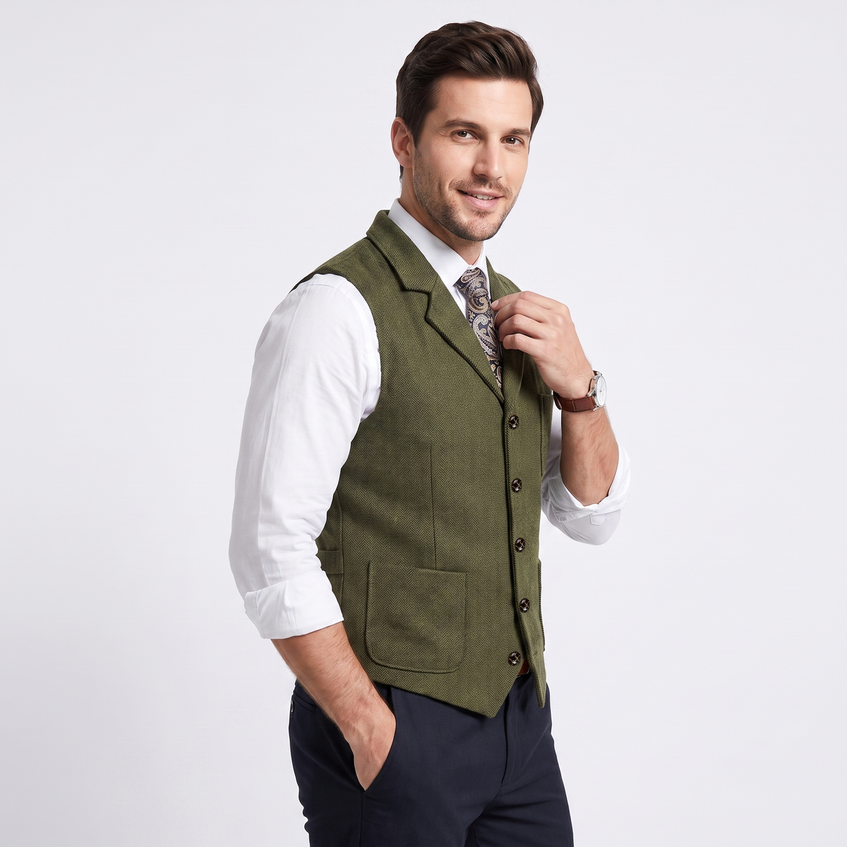 Aesido Formal Men's Vest Herringbone Notch Lapel Waistcoat