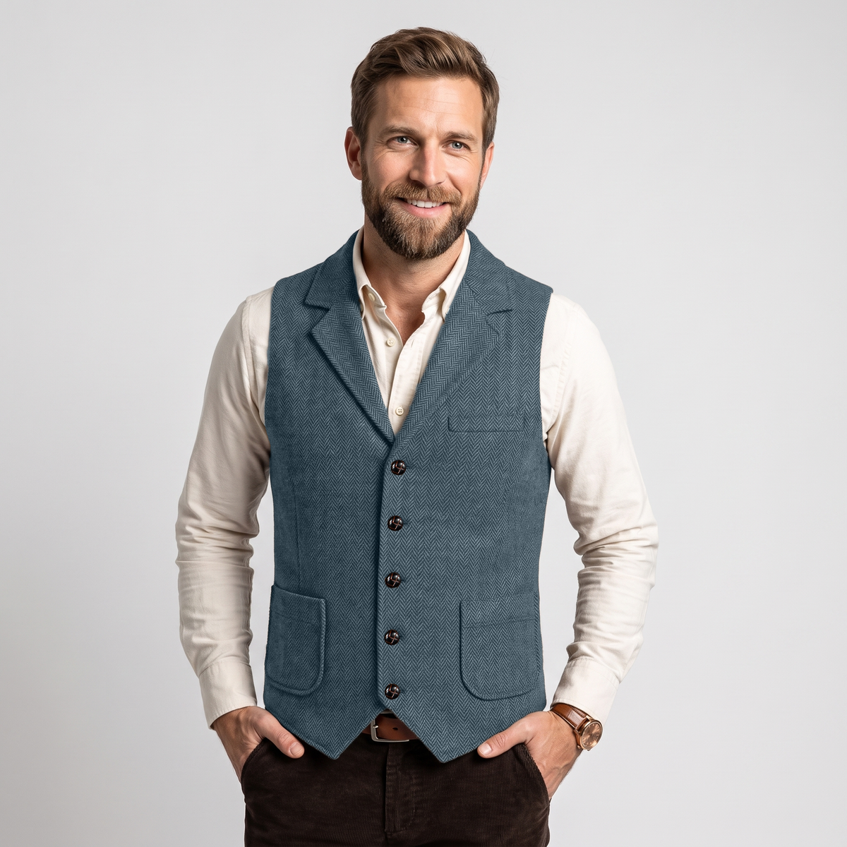 Aesido Men's Herringbone Notch Lapel Single Breasted Waistcoat