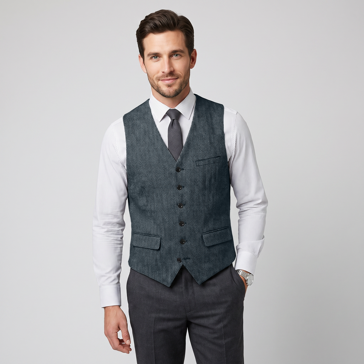 Aesido Men's Single Breasted V Neck Herringbone Waistcoat