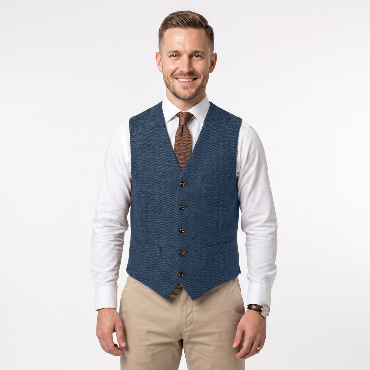 Aesido Formal Men's Vest Herringbone V Neck Waistcoat for Wedding