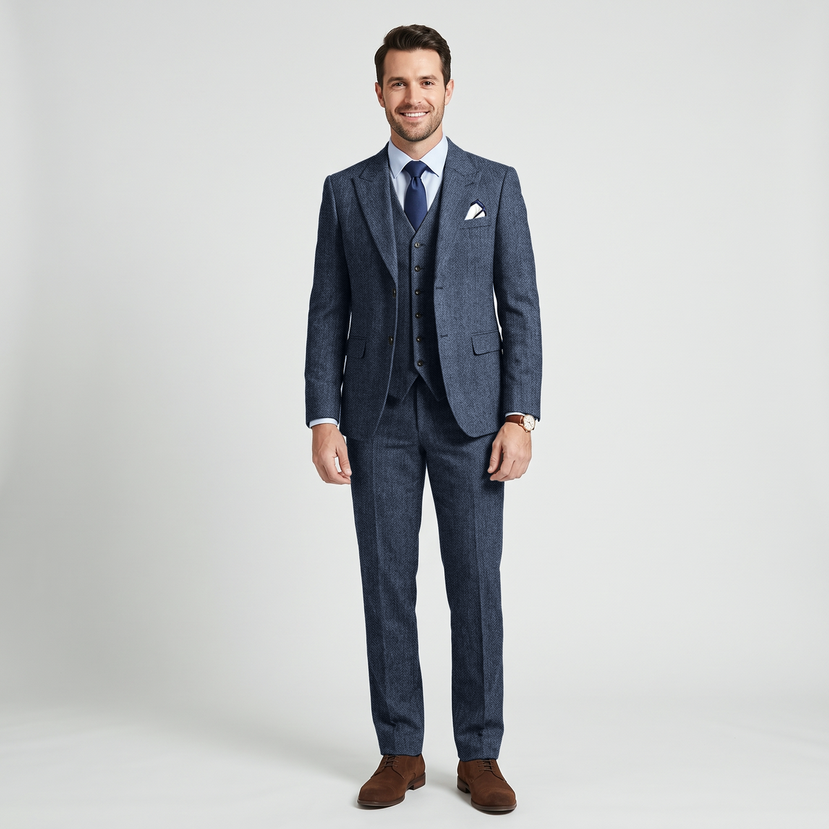 Aesido 3 Pieces Business Herringbone Peak Lapel Men's Suit (Blazer+Vest+Pants)