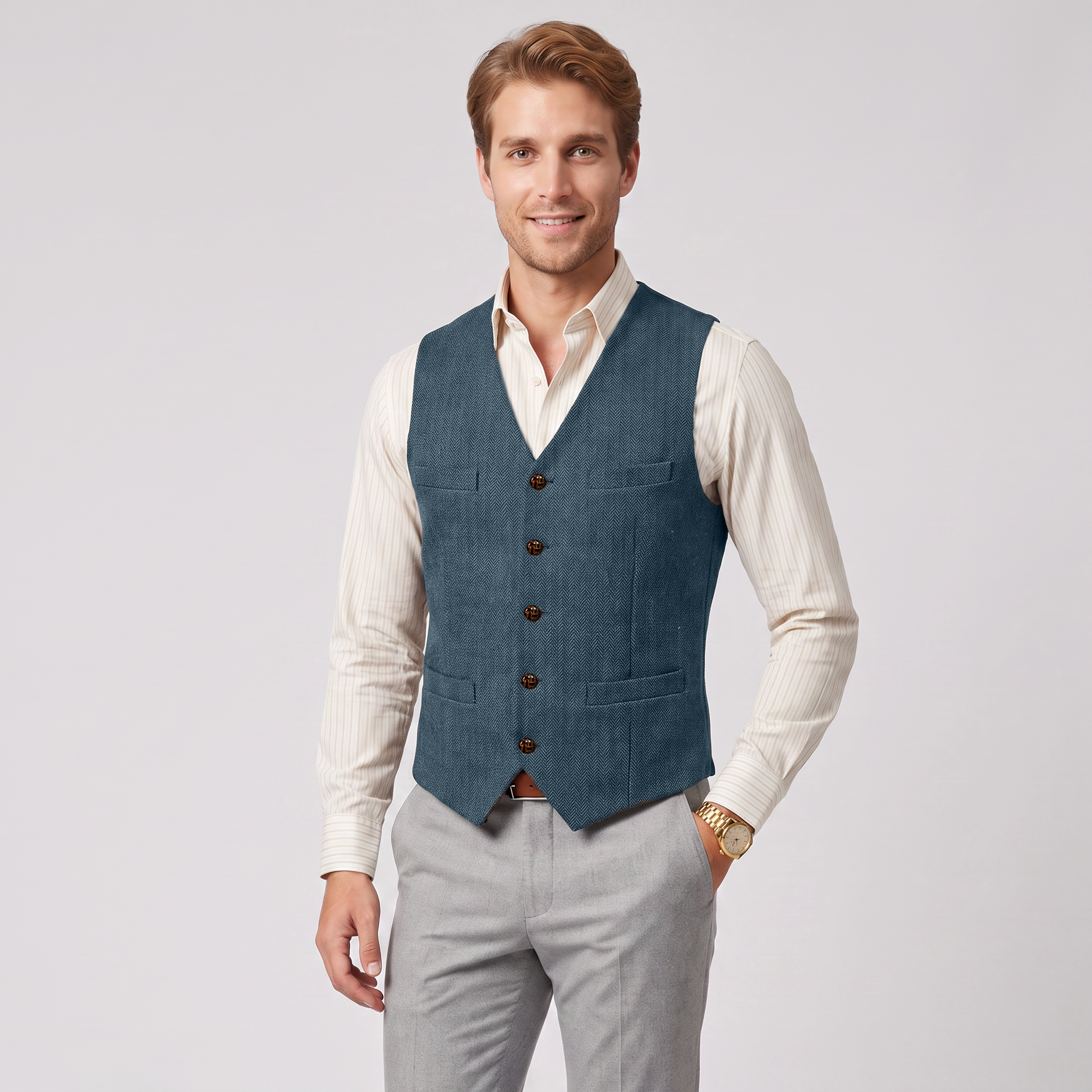 Aesido Casual Single Breasted V Neck Herringbone Men's Vest
