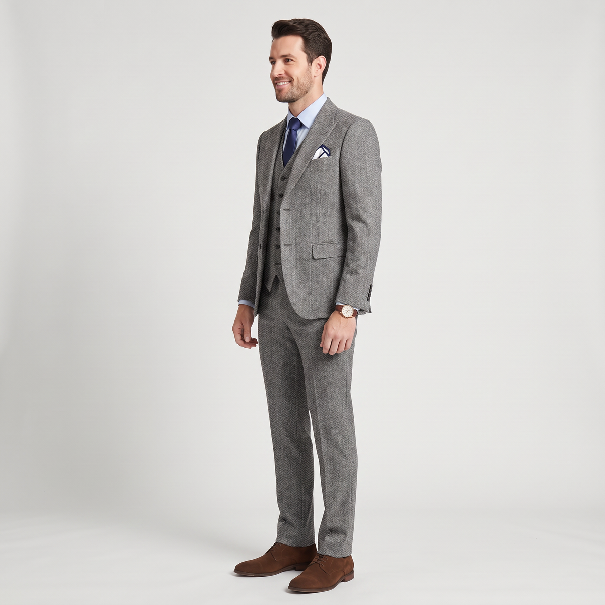 Aesido 3 Pieces Business Herringbone Peak Lapel Men's Suit (Blazer+Vest+Pants)