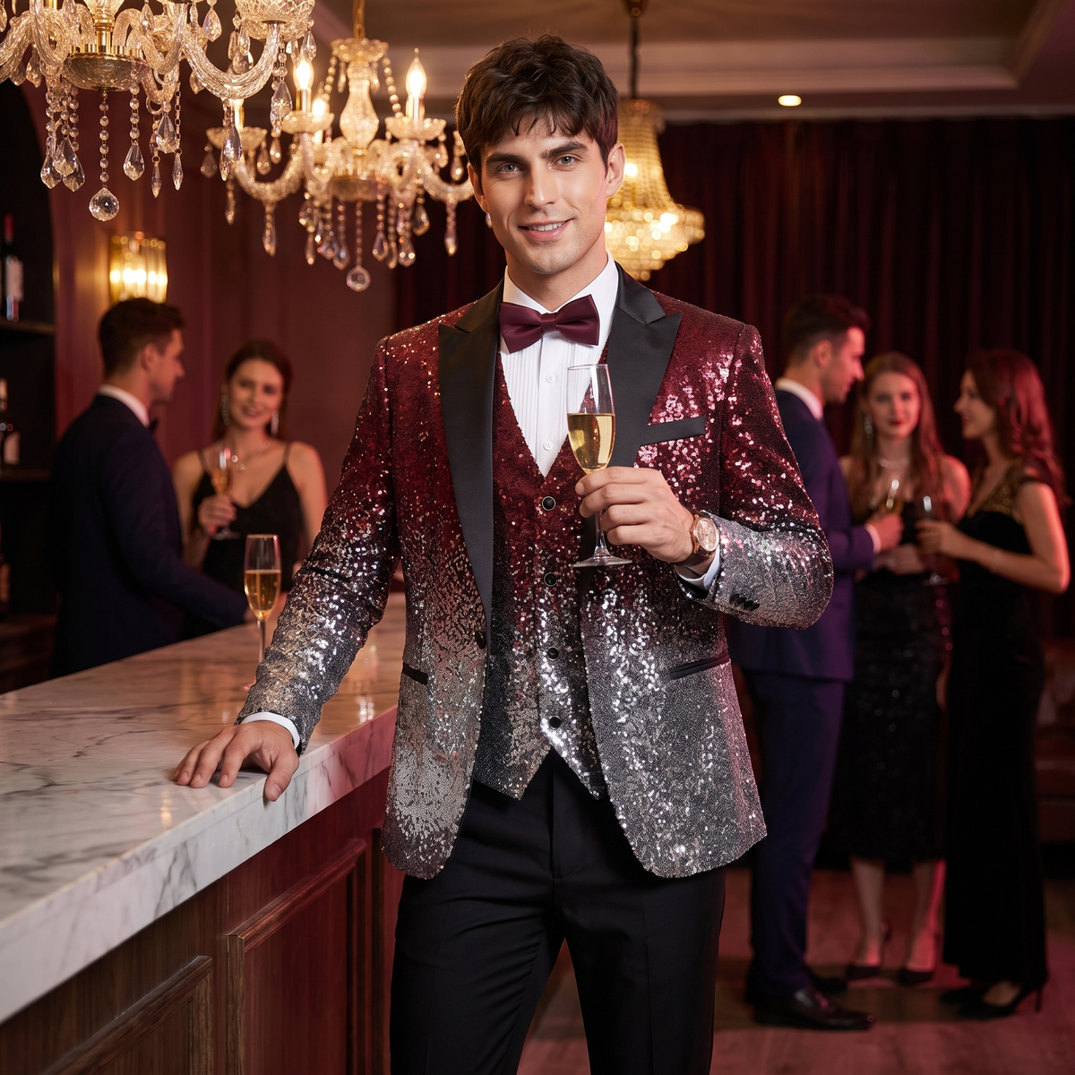 Aesido Men's Fashion Gradient Sequined Tuxedo Suit Peak Lapel Men's Suit (Blazer + Vest + Pants)