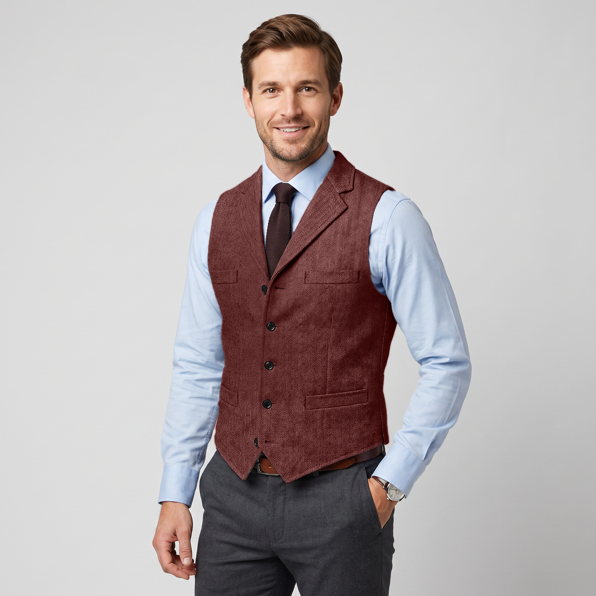Aesido Business Men's Herringbone Notch Lapel Waistcoat