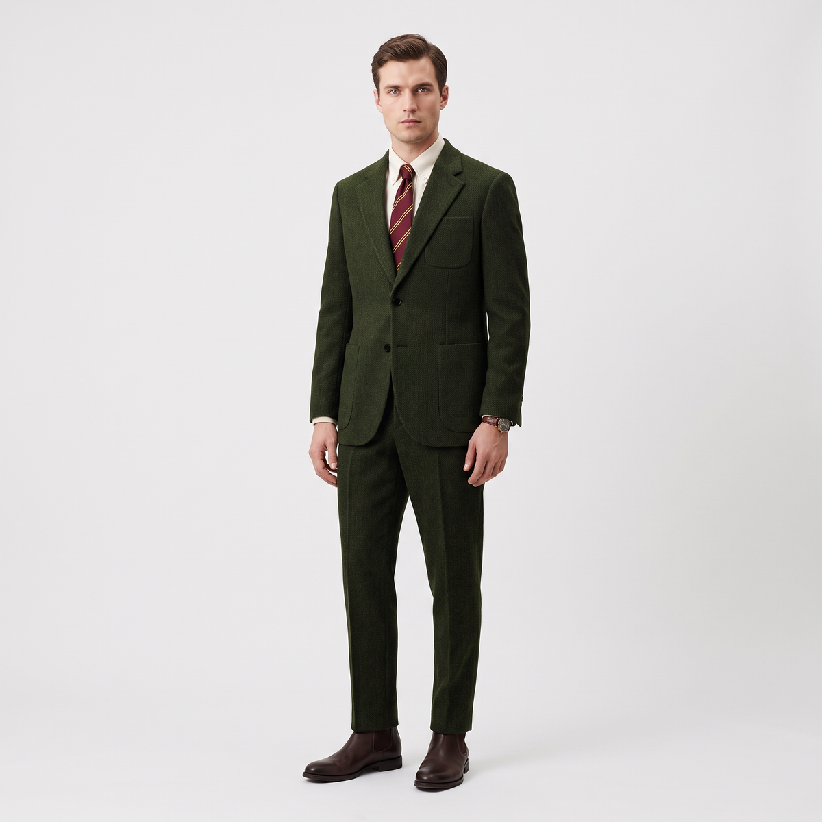 Aesido 2 Piece Double Button Notch Lapel Herringbone Tweed Men's Suit (Blazer+Pants)