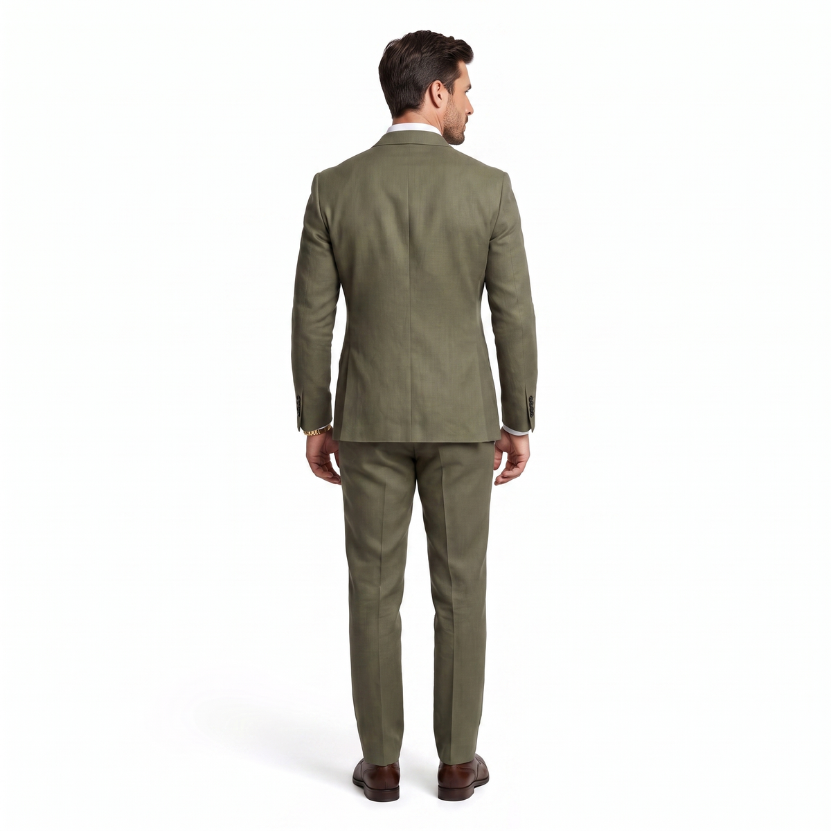 Aesido Business Casual 2 Pieces Olive Green Linen Peak Lapel Men's Suits (Blazer+Pants)
