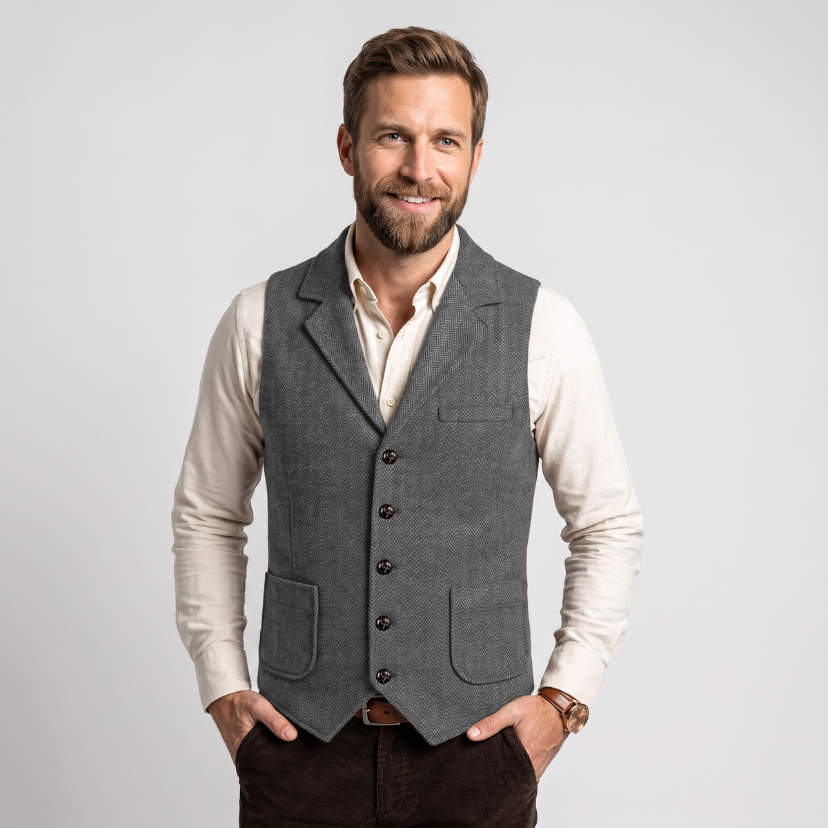 Aesido Men's Herringbone Notch Lapel Single Breasted Waistcoat