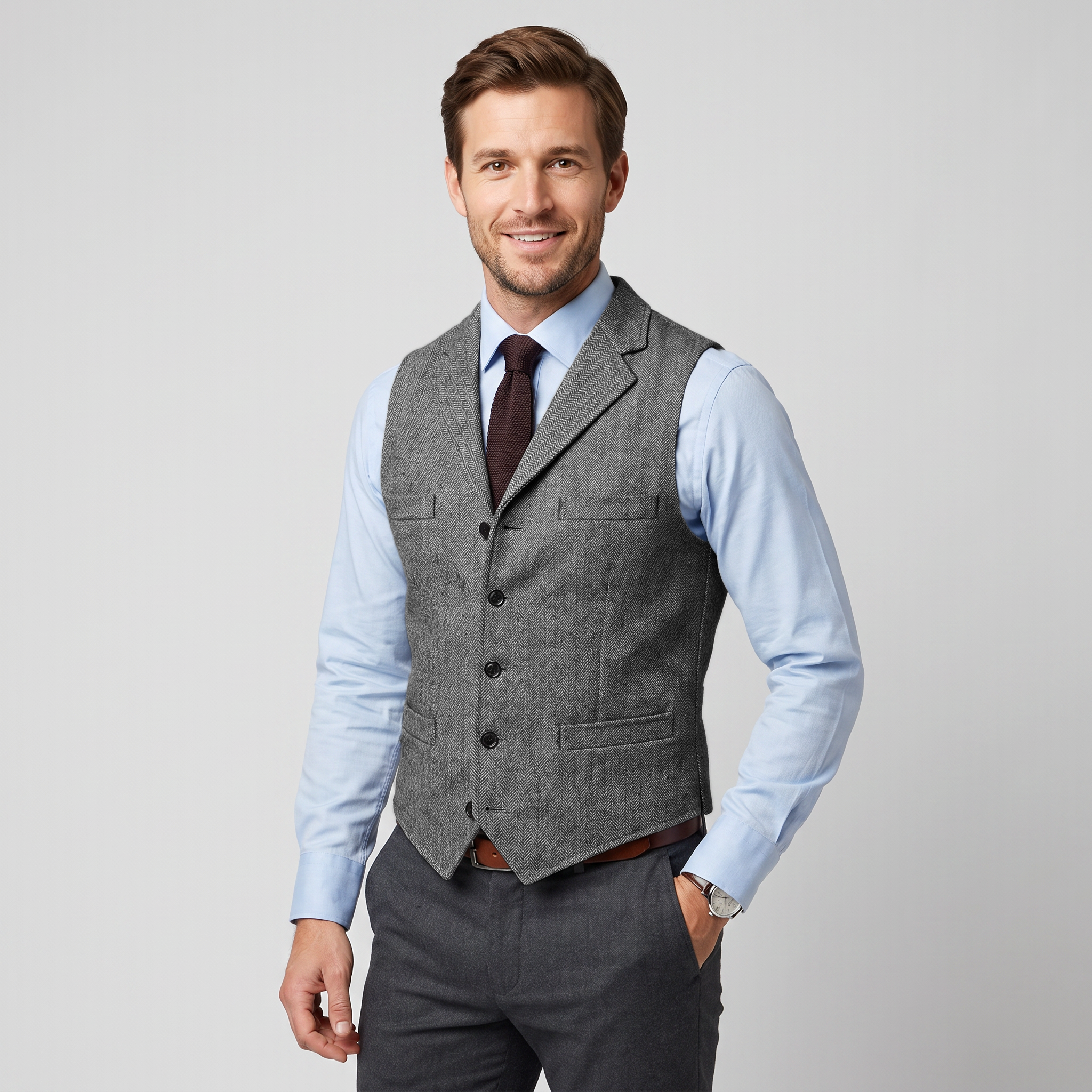 Aesido Business Men's Herringbone Notch Lapel Waistcoat
