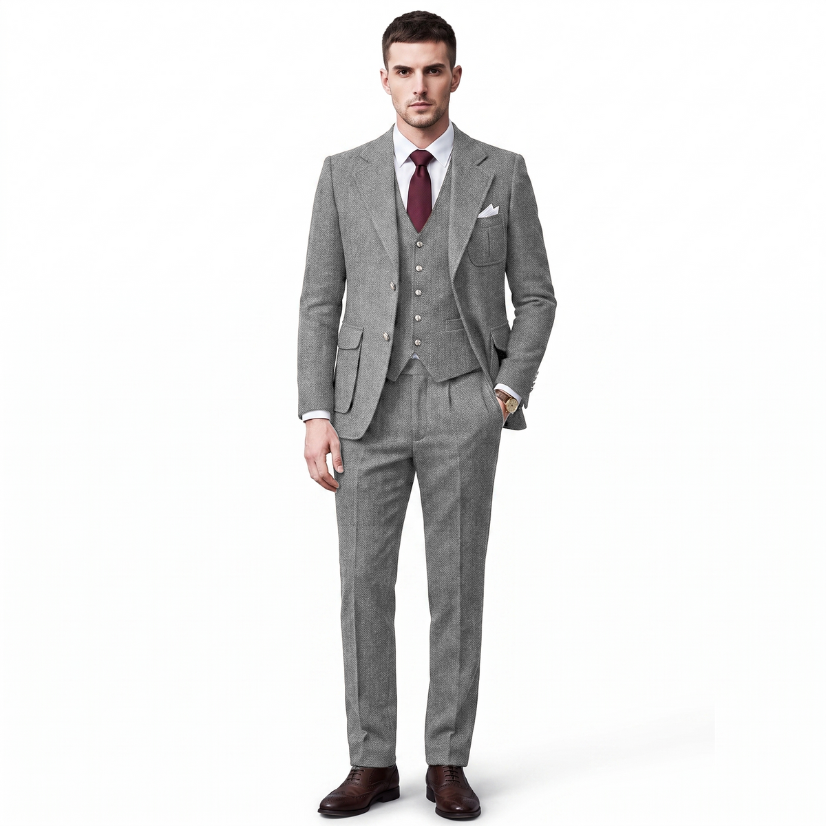 Aesido 3 Pieces Classic Herringbone Notch Lapel Suits (Blazer+Vest+Pants)