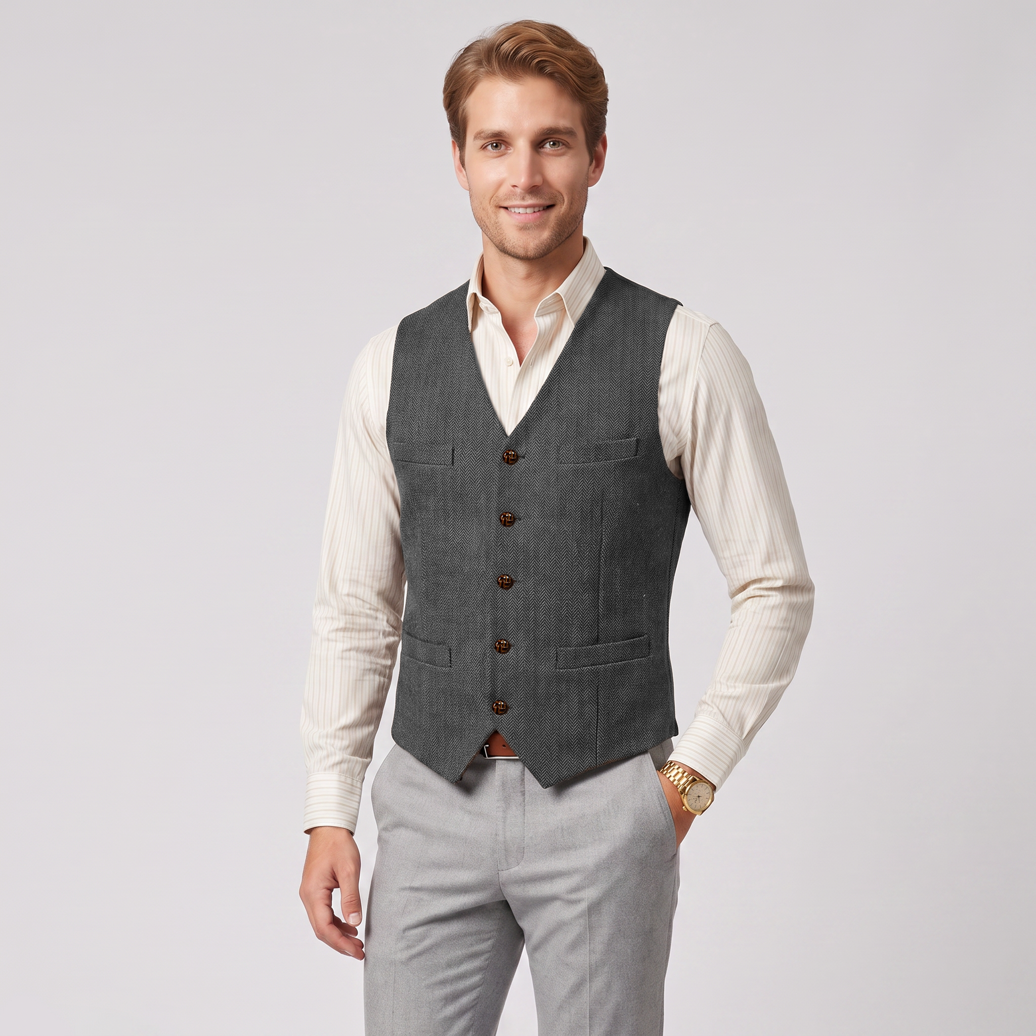 Aesido Casual Single Breasted V Neck Herringbone Men's Vest