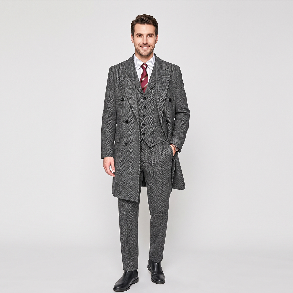 Aesido 3 Pieces Business Mens Suit Regular Fit Peak Lapel Herringbone Blazer(Blazer+vest+Pants)
