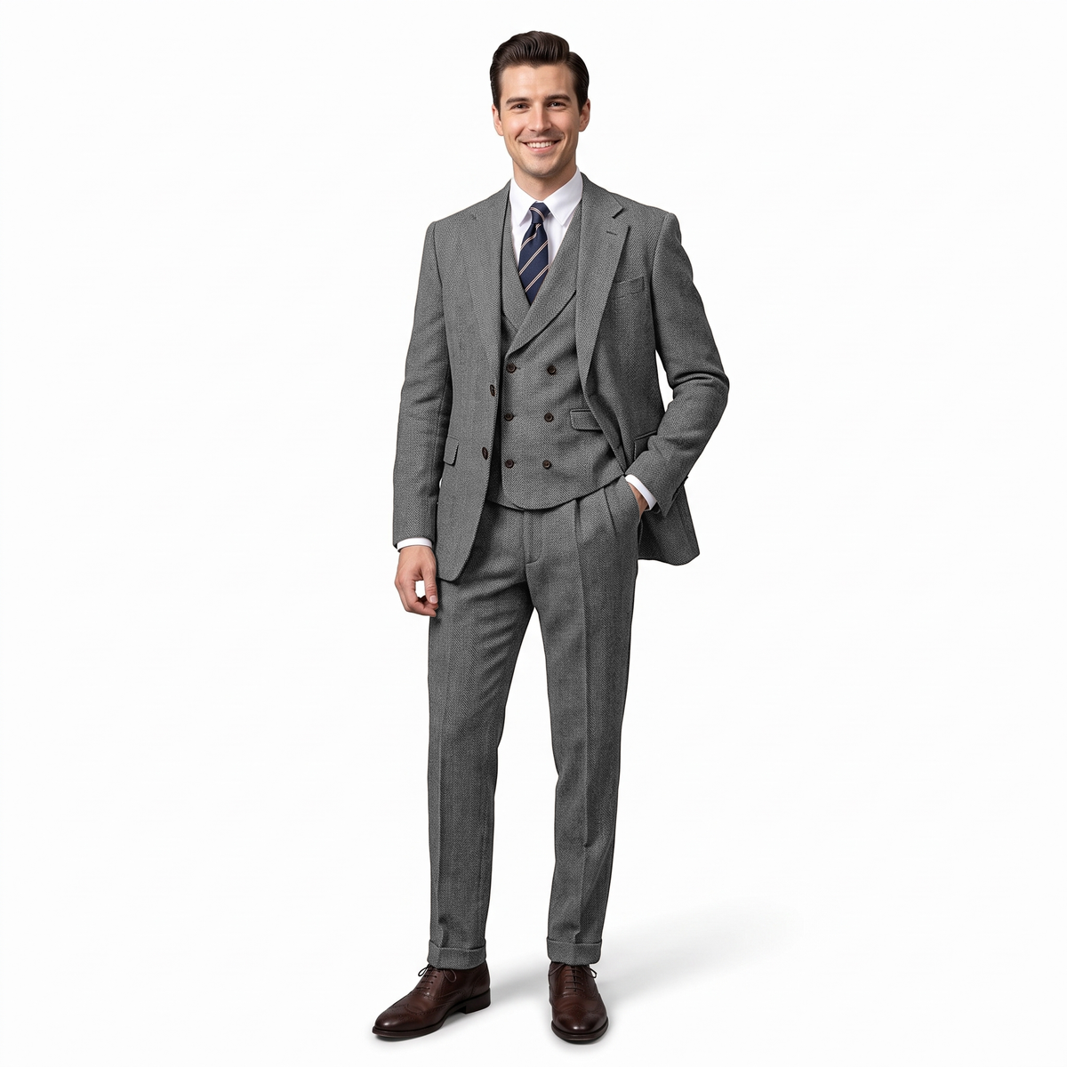 Aesido Men's Suit 3 Pieces Herringbone Notch Lapel Suit（Blazer+Vest+Pants）