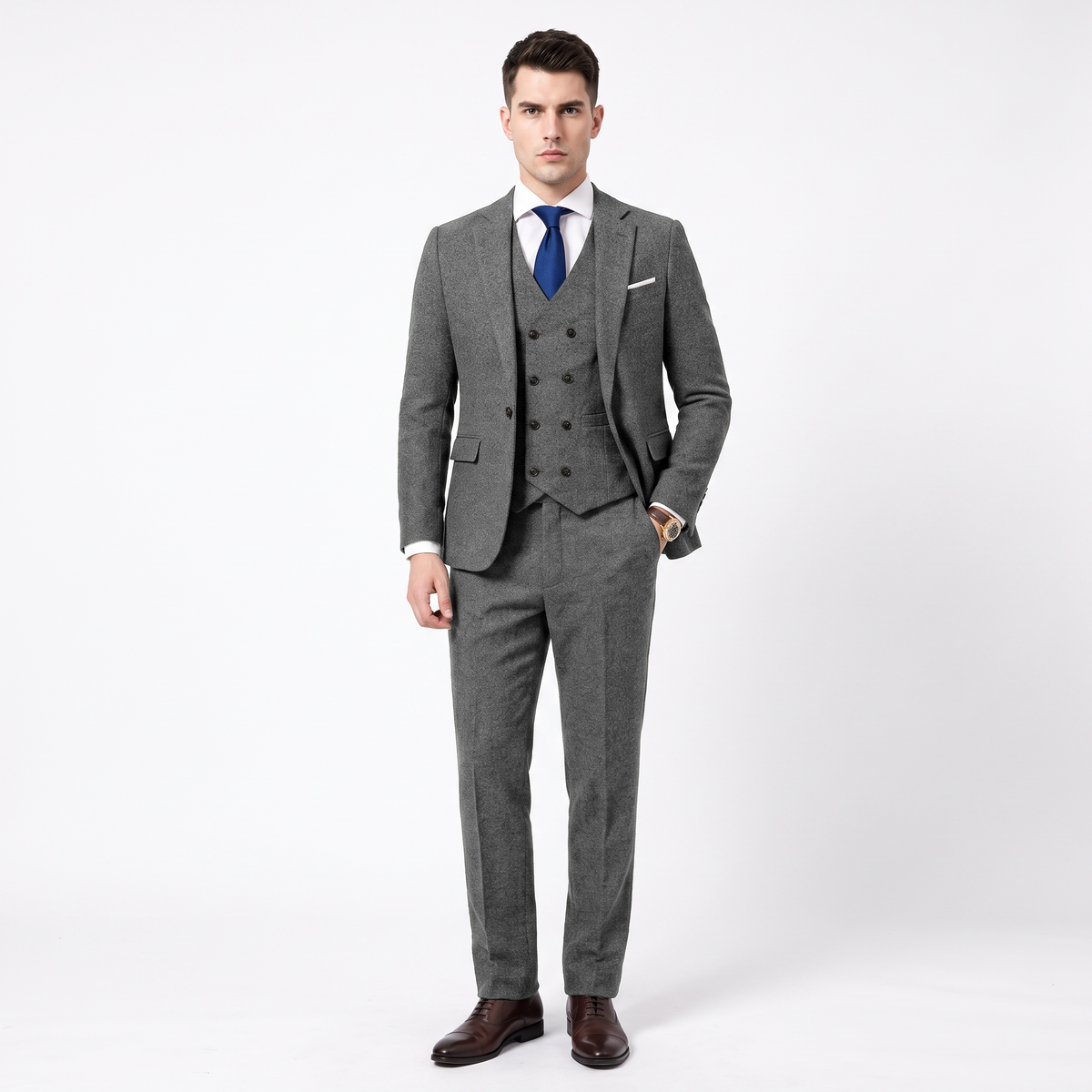Aesido Men's Business Suit 3 Pieces Tweed Notch Lapel Suits（Blazer+Vest+Pants）
