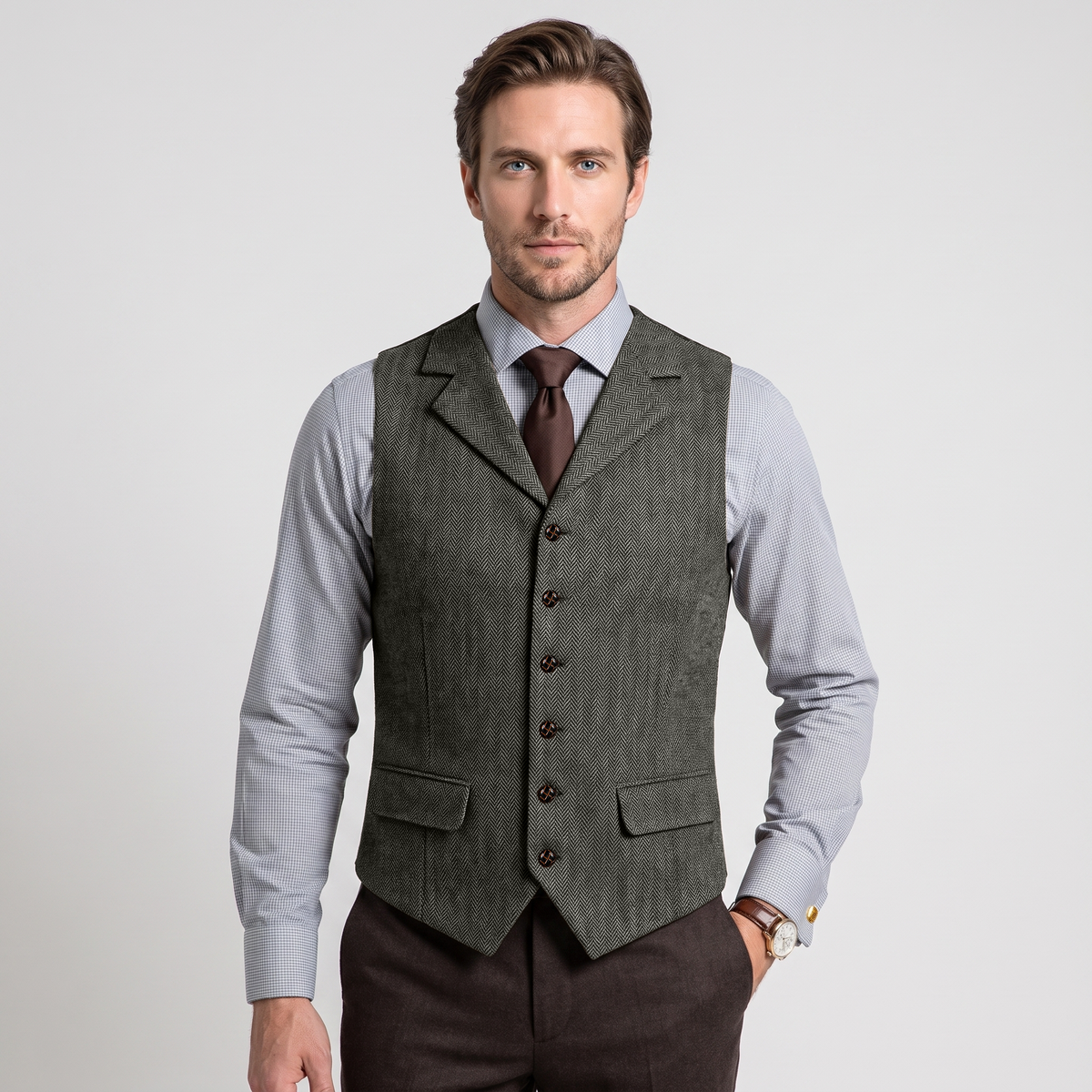 Aesido Men's Business Herringbone Notch Lapel Waistcoat