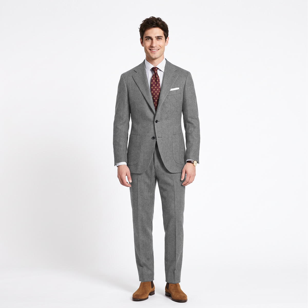Aesido 2 Pieces Notch Lapel Herringbone Tweed Men's Suit (Blazer+Pants)
