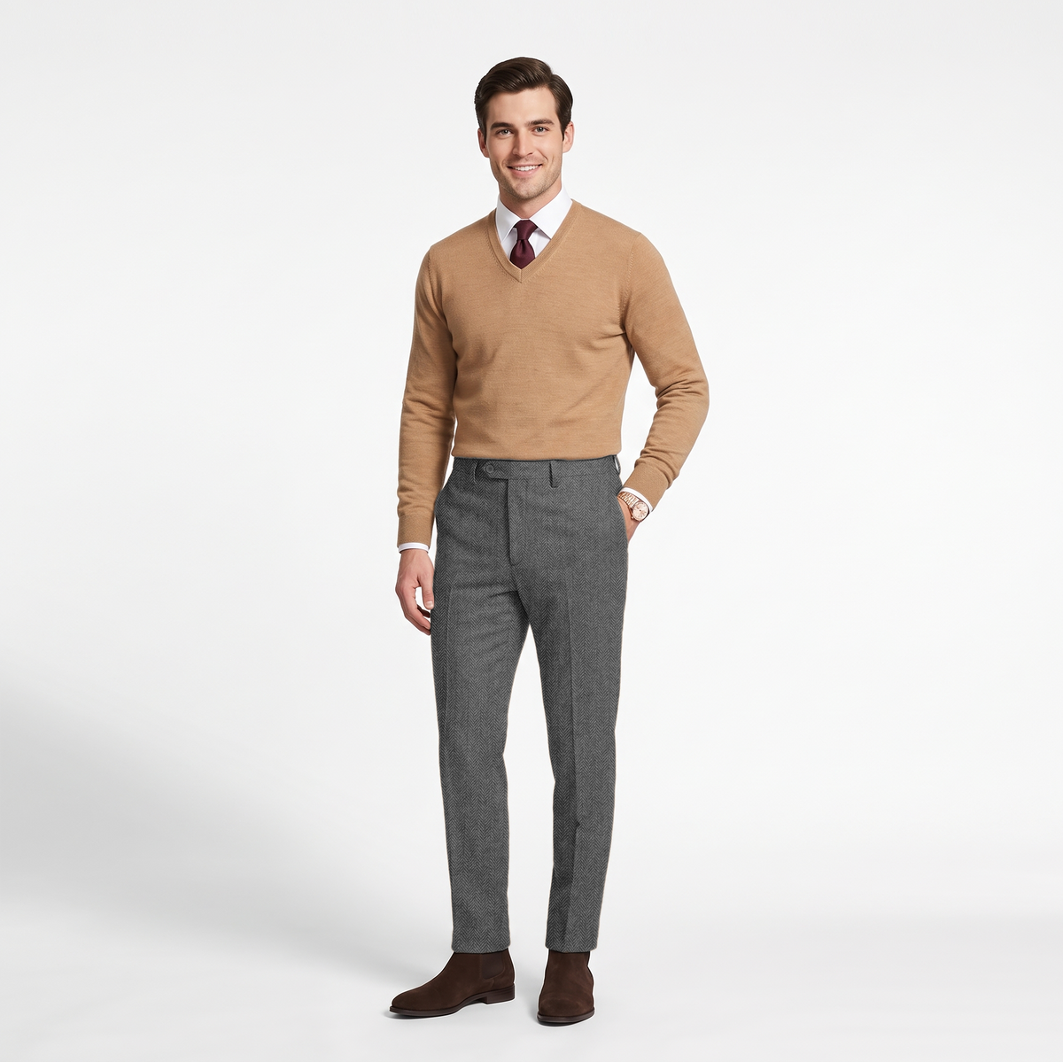 Aesido Men's Retro Pants Herringbone Tweed Trousers